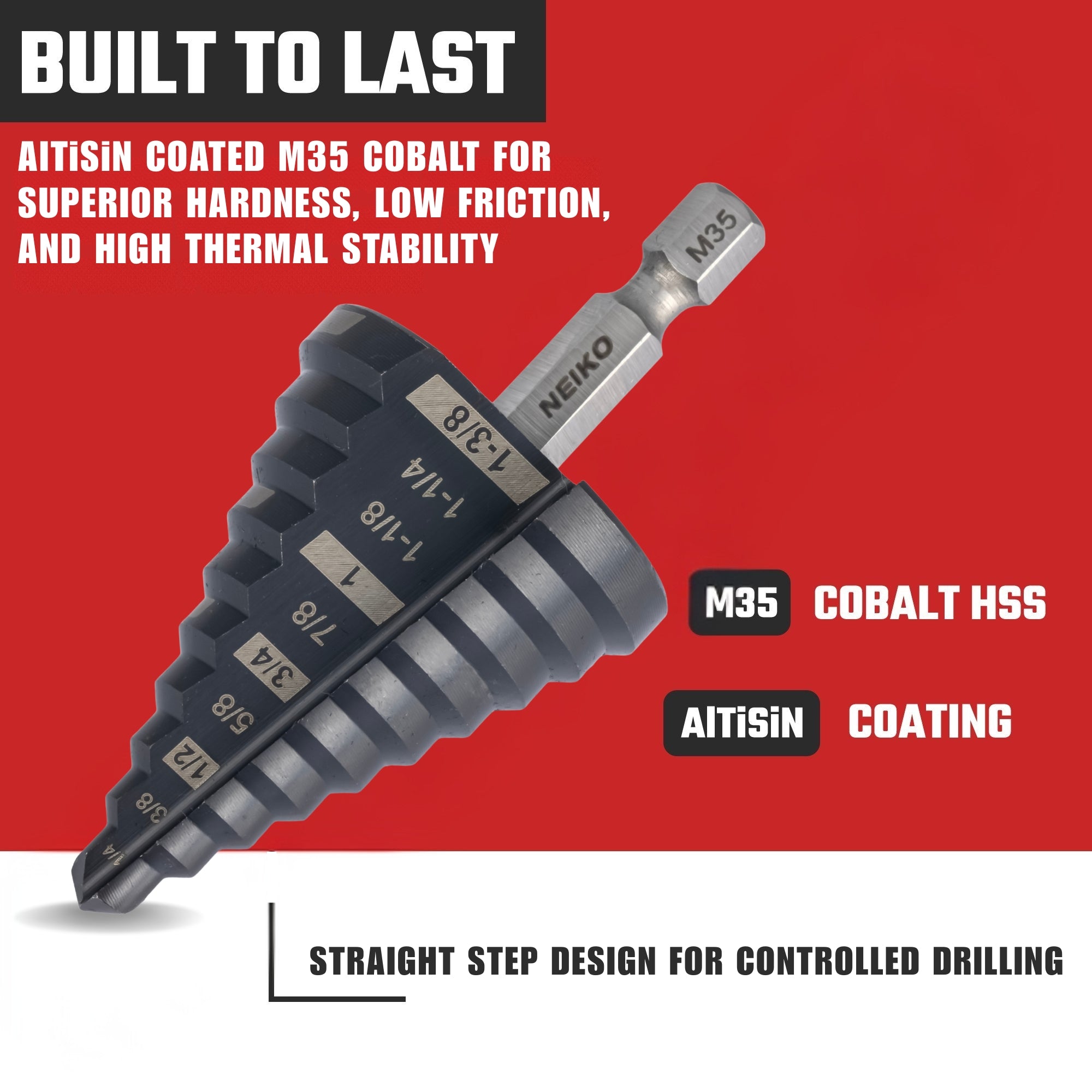 NEIKO 10613B Step Drill Bit, 10 Steps 1/4" to 1-3/8" Straight M35 Cobalt, AlTiSiN Coated, 1/4" Quick Change Step Bits for Steel, Metal, Wood, Plastic, Unibit Cone Drill Bits, Two Flute