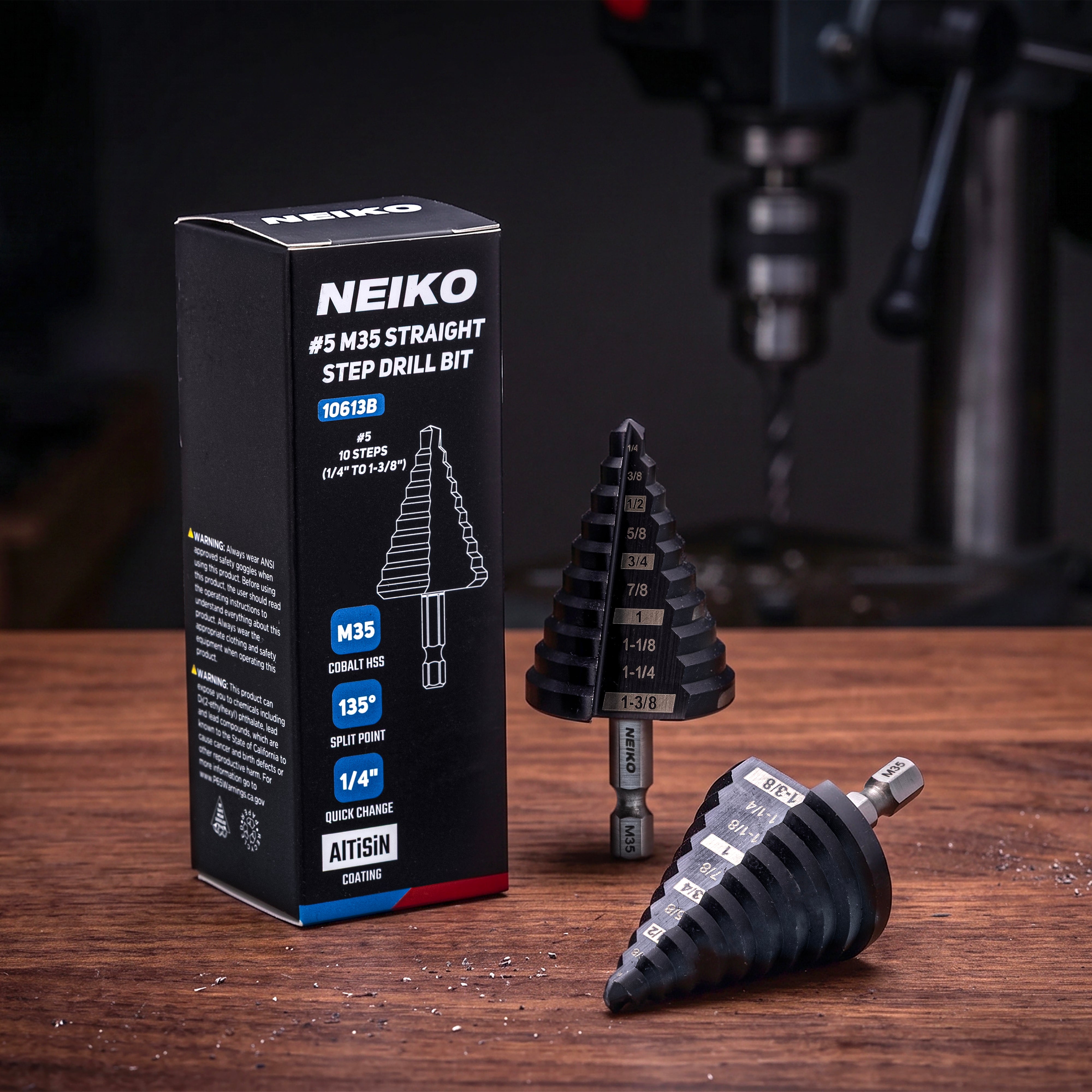 NEIKO 10613B Step Drill Bit, 10 Steps 1/4" to 1-3/8" Straight M35 Cobalt, AlTiSiN Coated, 1/4" Quick Change Step Bits for Steel, Metal, Wood, Plastic, Unibit Cone Drill Bits, Two Flute