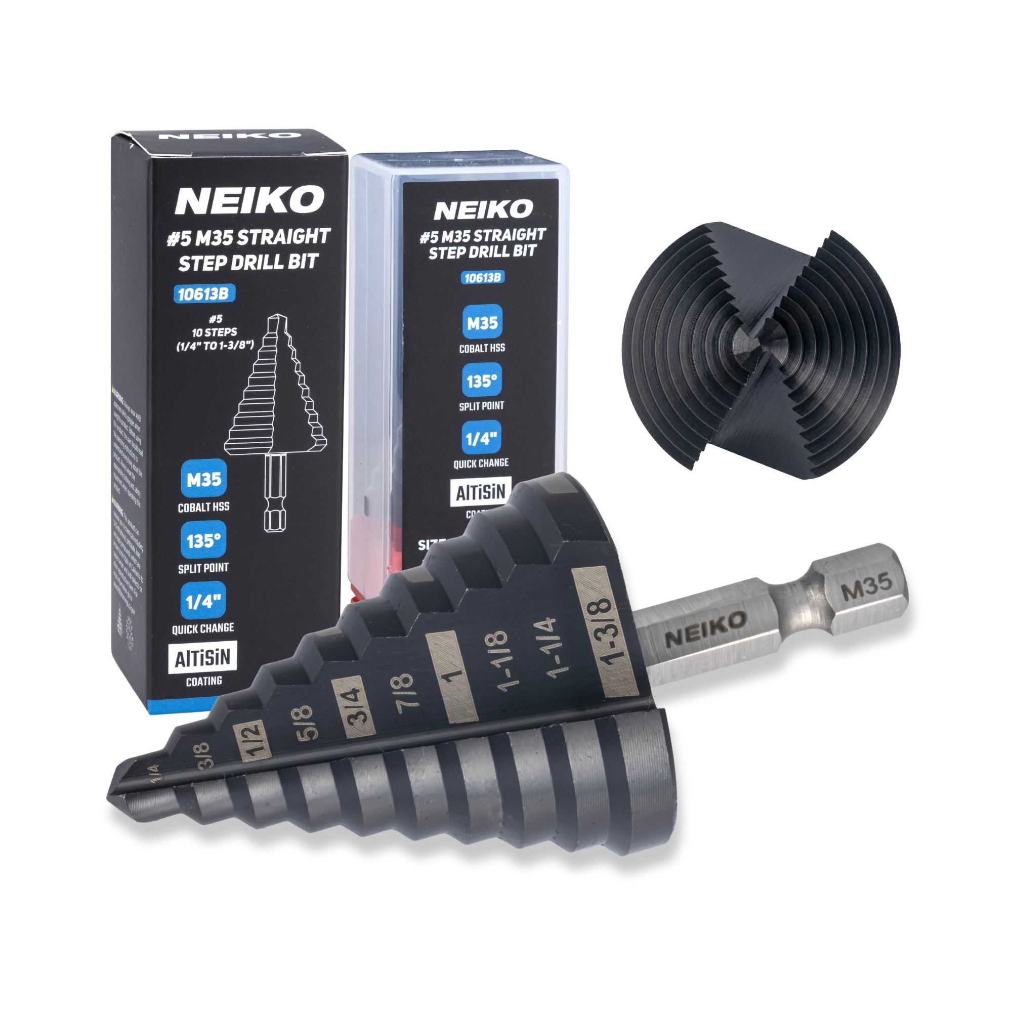 NEIKO 10613B Step Drill Bit, 10 Steps 1/4" to 1-3/8" Straight M35 Cobalt, AlTiSiN Coated, 1/4" Quick Change Step Bits for Steel, Metal, Wood, Plastic, Unibit Cone Drill Bits, Two Flute
