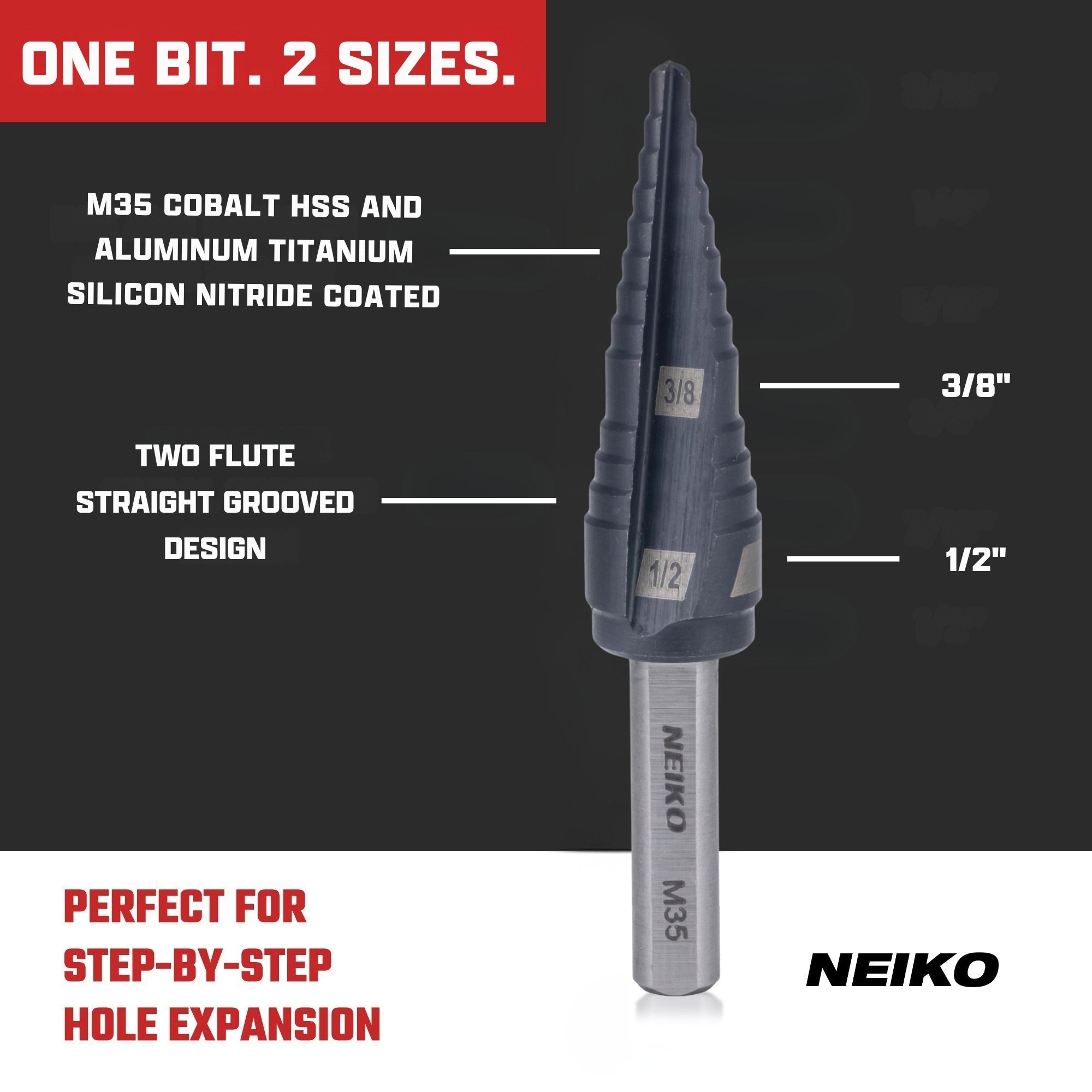 NEIKO 10614B Step Drill Bit, 2 Steps 3/8" to 1/2" Straight M35 Cobalt, AlTiSiN Coated, 1/4" Tri-Flat Step Bits for Steel, Metal, Wood, Plastic, Unibit Cone Drill Bits, Two Flute