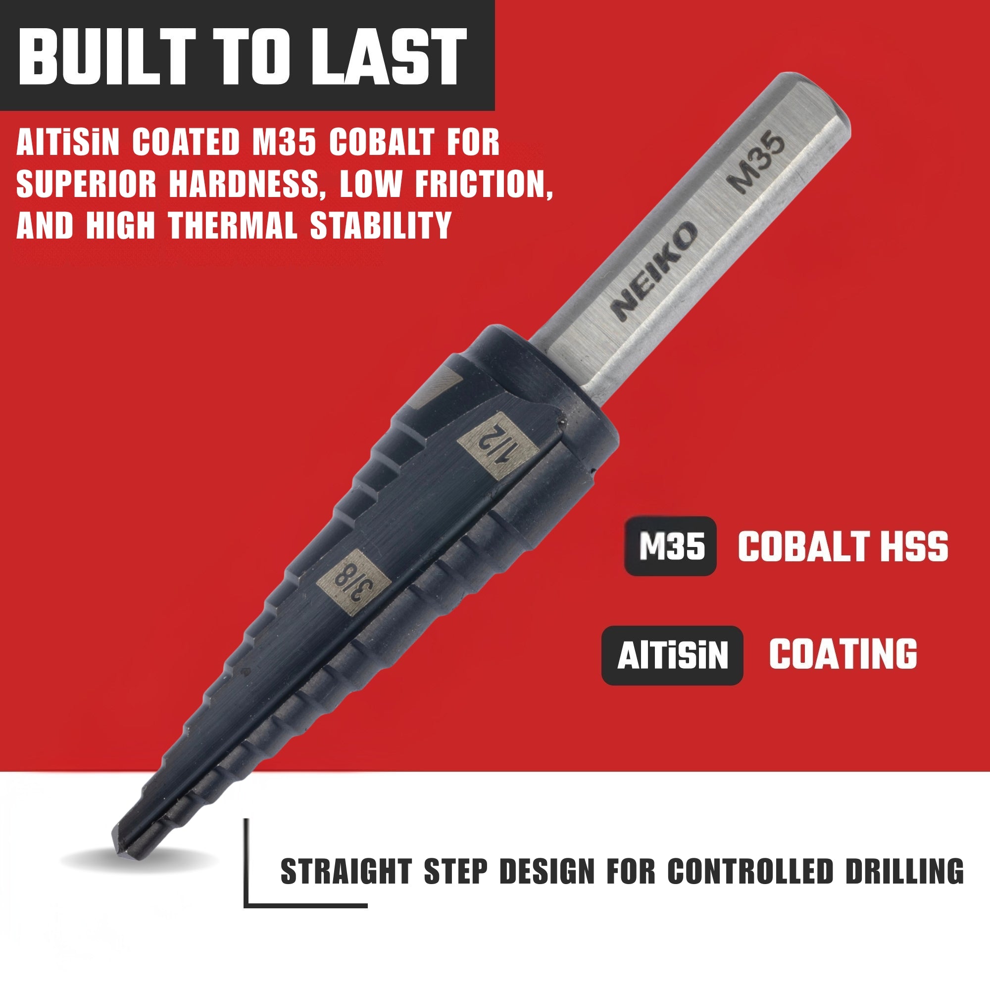 NEIKO 10614B Step Drill Bit, 2 Steps 3/8" to 1/2" Straight M35 Cobalt, AlTiSiN Coated, 1/4" Tri-Flat Step Bits for Steel, Metal, Wood, Plastic, Unibit Cone Drill Bits, Two Flute