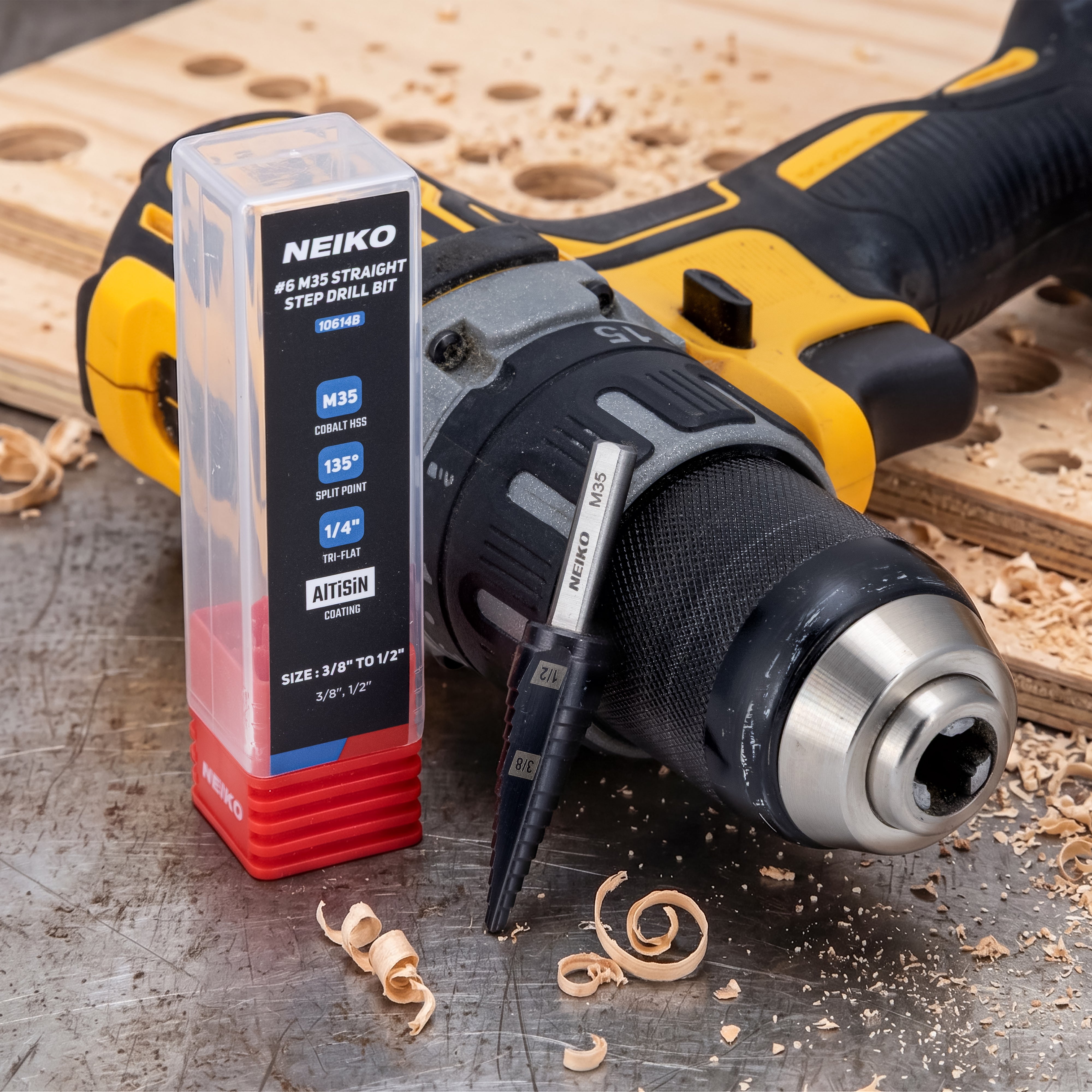 NEIKO 10614B Step Drill Bit, 2 Steps 3/8" to 1/2" Straight M35 Cobalt, AlTiSiN Coated, 1/4" Tri-Flat Step Bits for Steel, Metal, Wood, Plastic, Unibit Cone Drill Bits, Two Flute