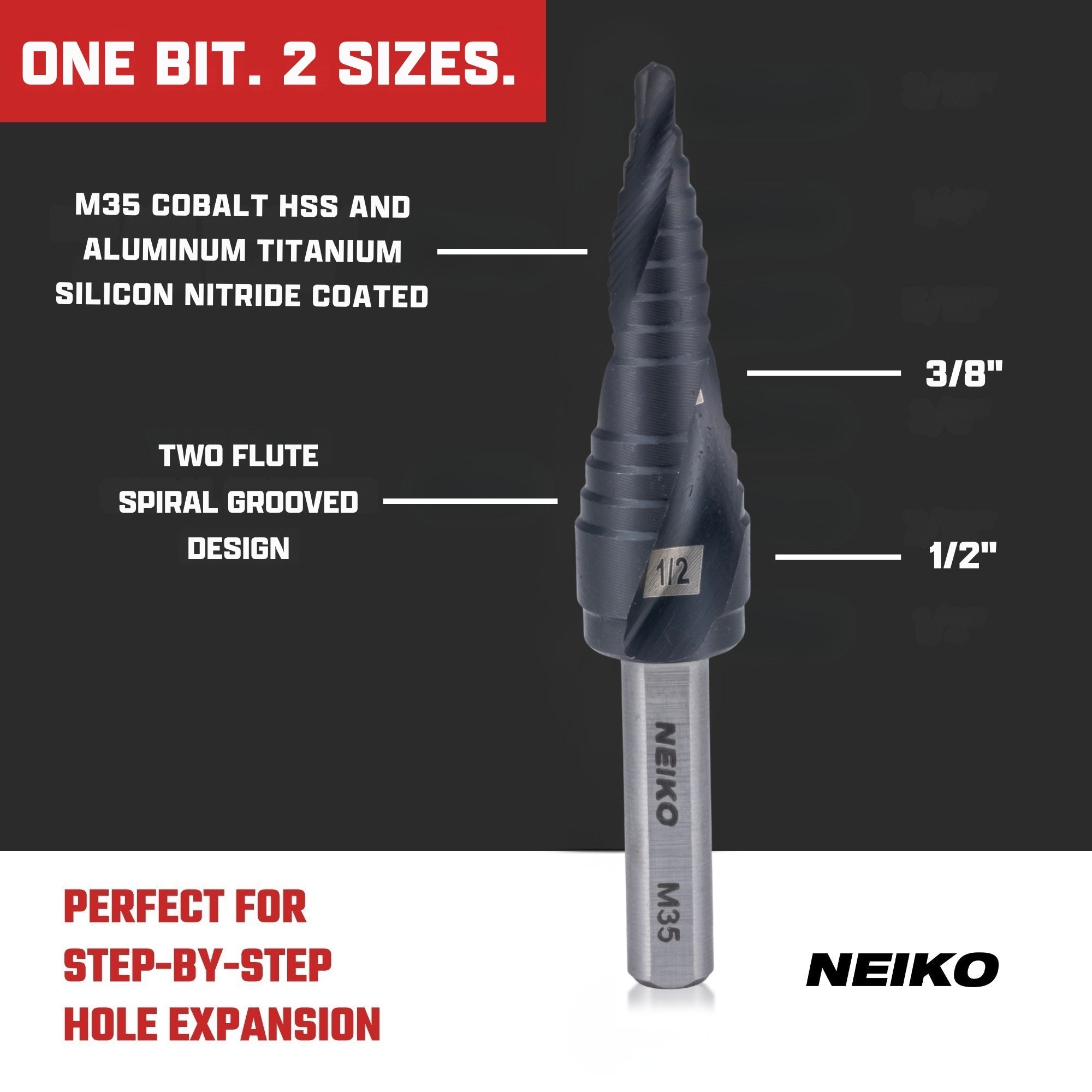 NEIKO 10615B Step Drill Bit, 2 Steps 3/8" to 1/2" Spiral M35 Cobalt, AlTiSiN Coated, 1/4" Tri-Flat Step Bits for Steel, Metal, Wood, Plastic, Unibit Cone Drill Bits, Two Flute