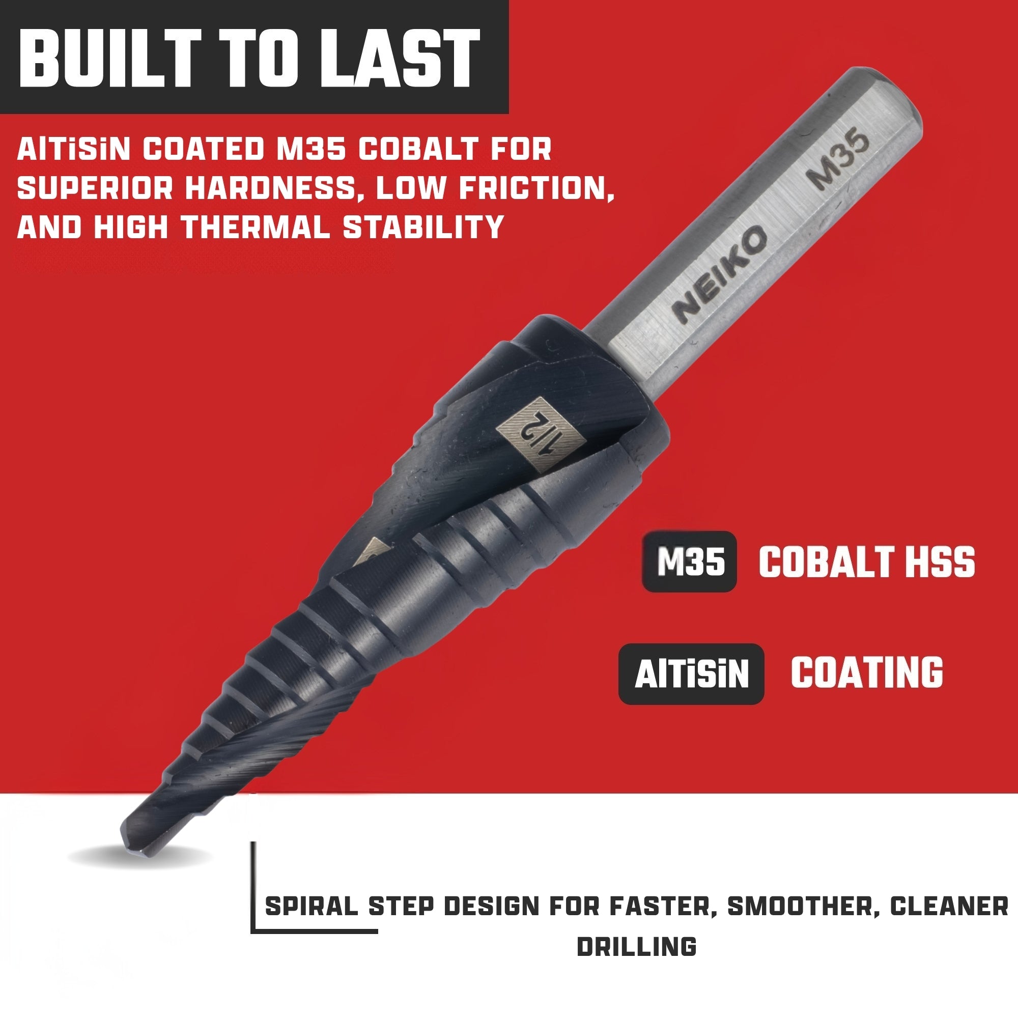 NEIKO 10615B Step Drill Bit, 2 Steps 3/8" to 1/2" Spiral M35 Cobalt, AlTiSiN Coated, 1/4" Tri-Flat Step Bits for Steel, Metal, Wood, Plastic, Unibit Cone Drill Bits, Two Flute