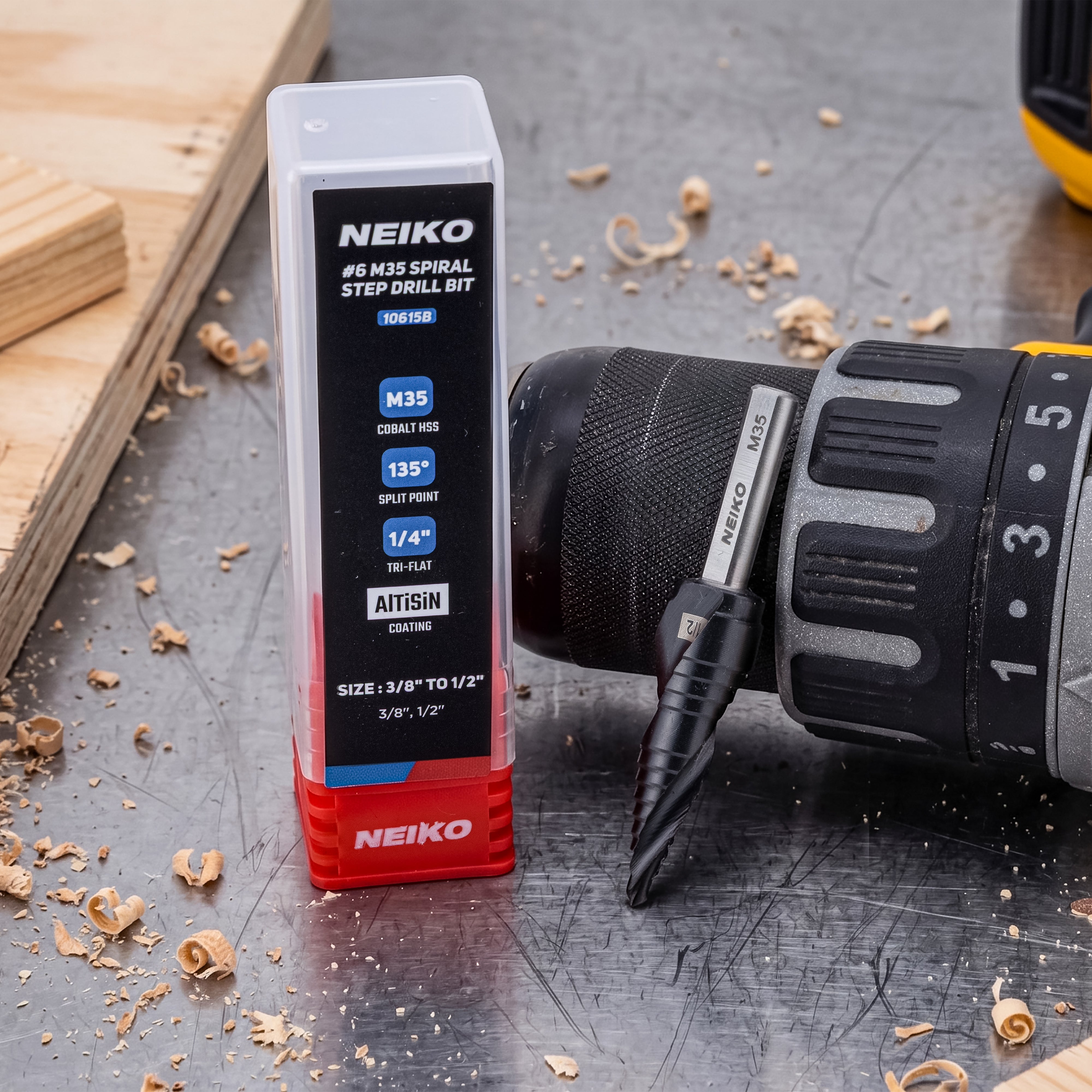 NEIKO 10615B Step Drill Bit, 2 Steps 3/8" to 1/2" Spiral M35 Cobalt, AlTiSiN Coated, 1/4" Tri-Flat Step Bits for Steel, Metal, Wood, Plastic, Unibit Cone Drill Bits, Two Flute