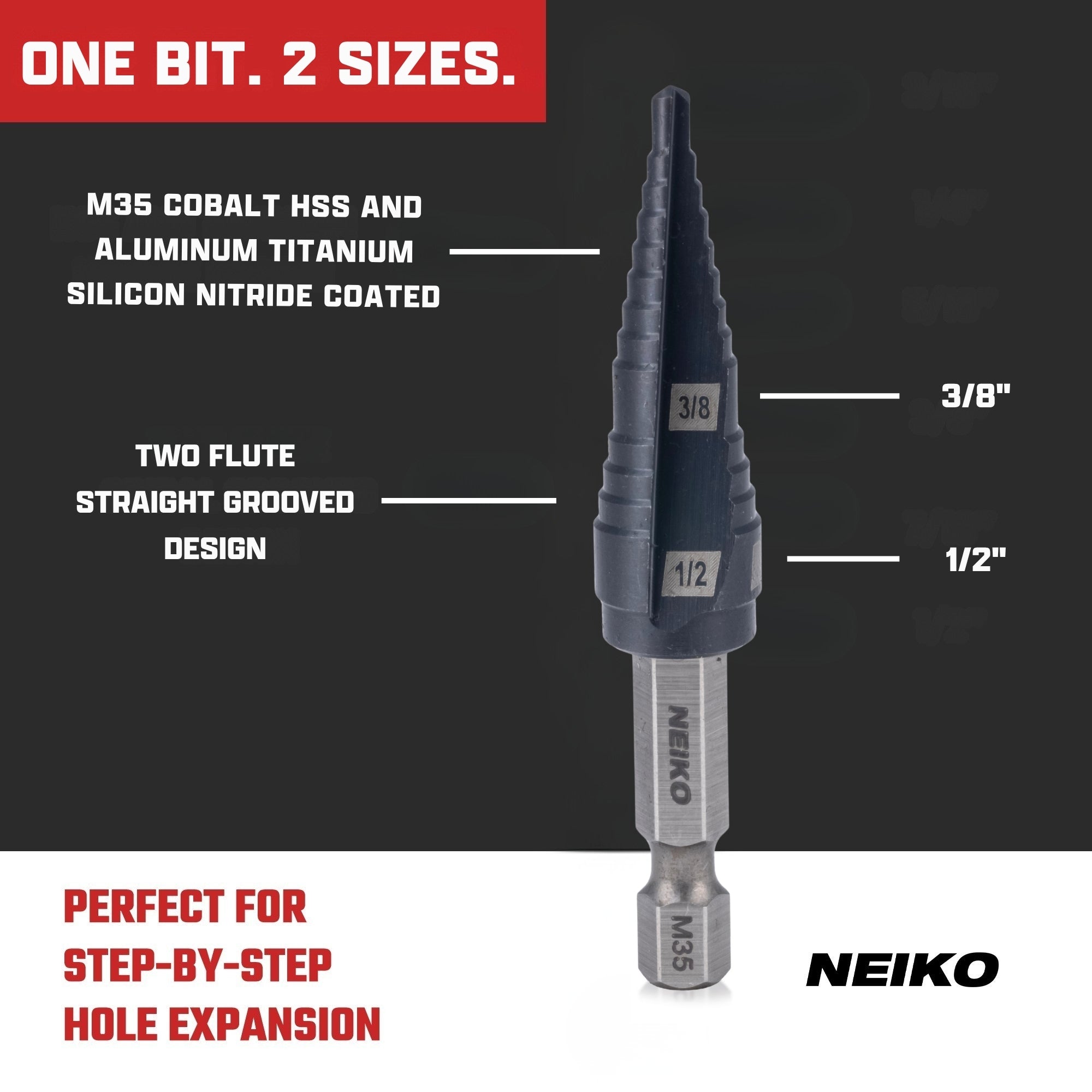 NEIKO 10616B Step Drill Bit, 2 Steps 3/8" to 1/2" Straight M35 Cobalt, AlTiSiN Coated, 1/4" Quick Change Step Bits for Steel, Metal, Wood, Plastic, Unibit Cone Drill Bits, Two Flute