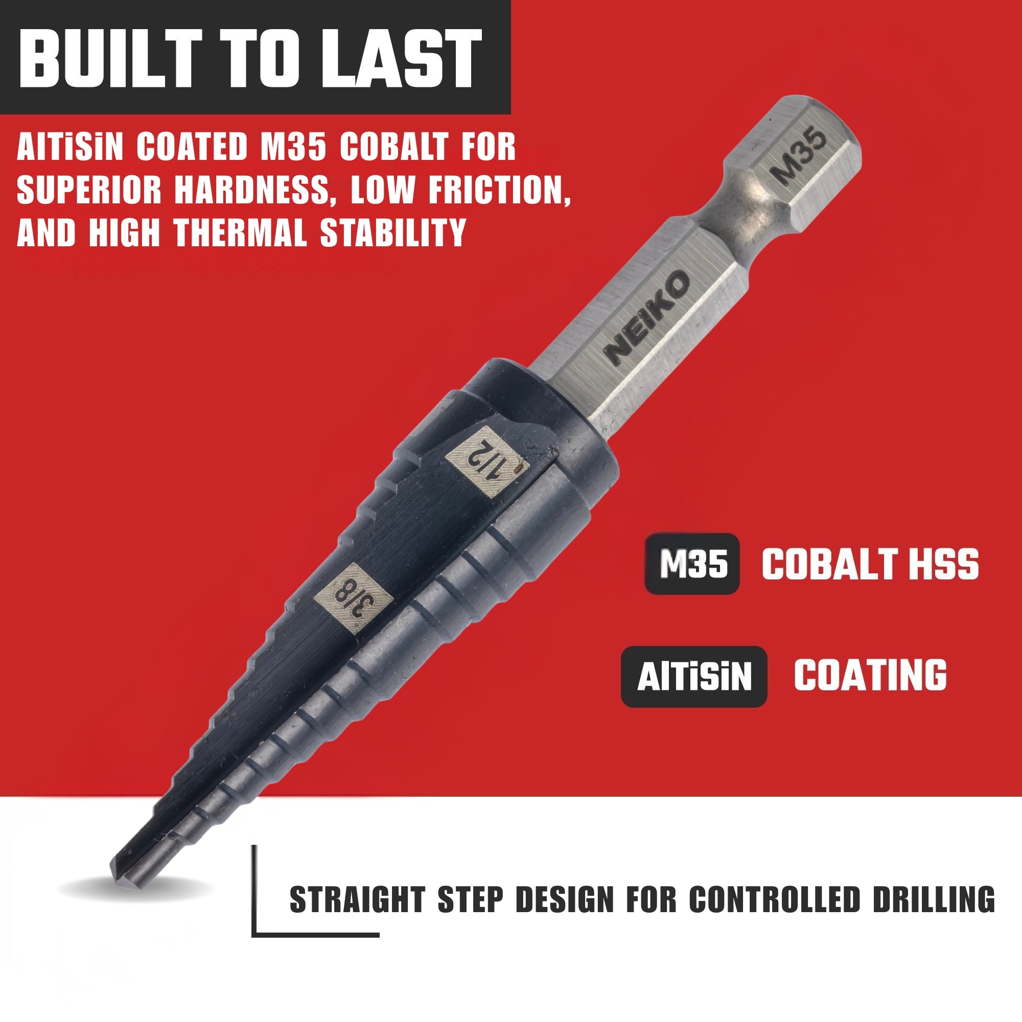 NEIKO 10616B Step Drill Bit, 2 Steps 3/8" to 1/2" Straight M35 Cobalt, AlTiSiN Coated, 1/4" Quick Change Step Bits for Steel, Metal, Wood, Plastic, Unibit Cone Drill Bits, Two Flute