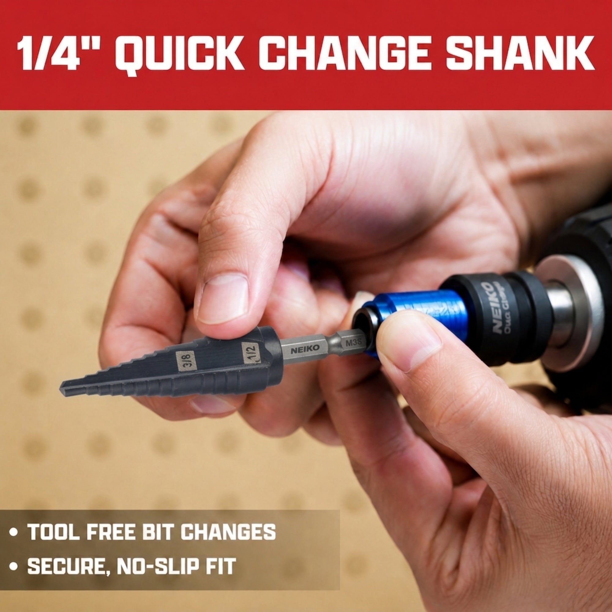NEIKO 10616B Step Drill Bit, 2 Steps 3/8" to 1/2" Straight M35 Cobalt, AlTiSiN Coated, 1/4" Quick Change Step Bits for Steel, Metal, Wood, Plastic, Unibit Cone Drill Bits, Two Flute