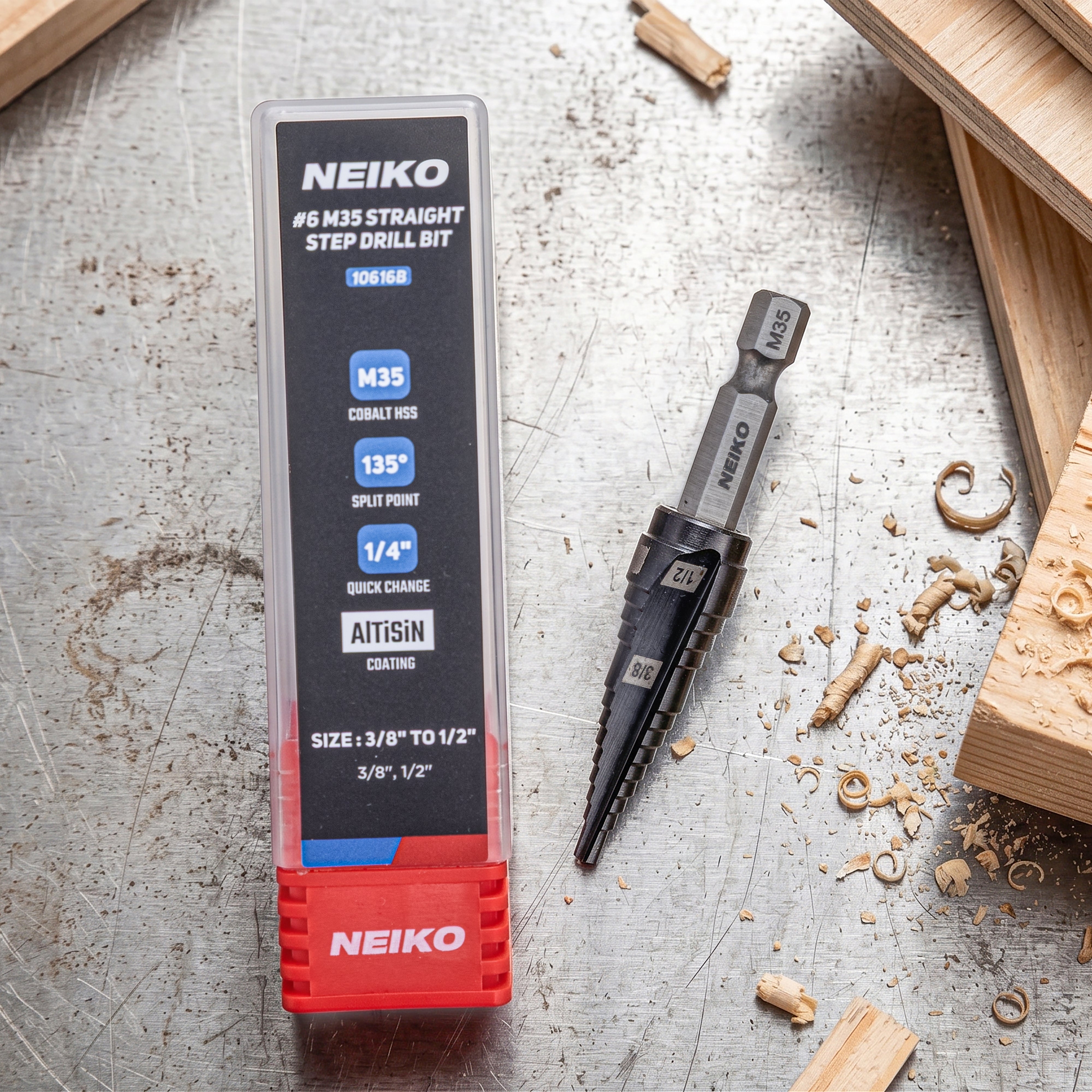 NEIKO 10616B Step Drill Bit, 2 Steps 3/8" to 1/2" Straight M35 Cobalt, AlTiSiN Coated, 1/4" Quick Change Step Bits for Steel, Metal, Wood, Plastic, Unibit Cone Drill Bits, Two Flute