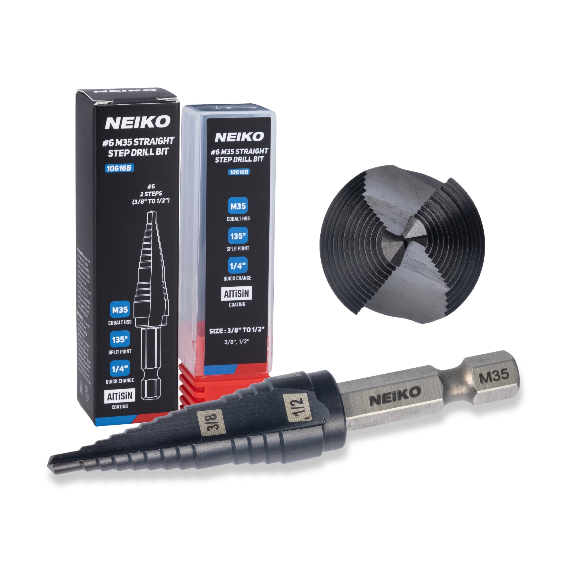 NEIKO 10616B Step Drill Bit, 2 Steps 3/8" to 1/2" Straight M35 Cobalt, AlTiSiN Coated, 1/4" Quick Change Step Bits for Steel, Metal, Wood, Plastic, Unibit Cone Drill Bits, Two Flute