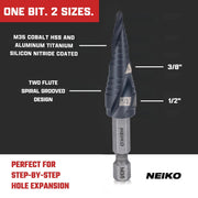 NEIKO 10617B Step Drill Bit, 2 Steps 3/8" to 1/2" Spiral M35 Cobalt, AlTiSiN Coated, 1/4" Quick Change Step Bits for Steel, Metal, Wood, Plastic, Unibit Cone Drill Bits, Two Flute