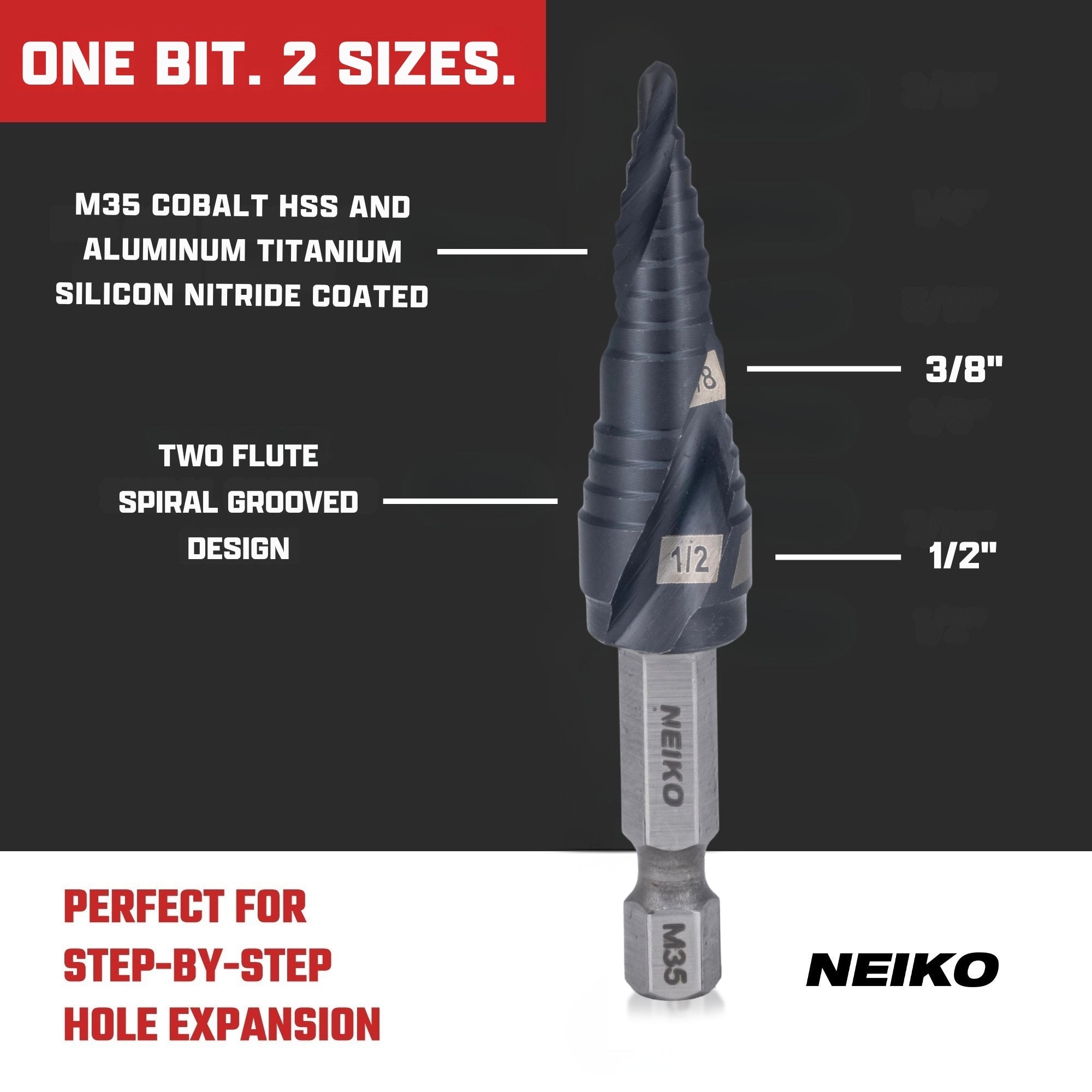 NEIKO 10617B Step Drill Bit, 2 Steps 3/8" to 1/2" Spiral M35 Cobalt, AlTiSiN Coated, 1/4" Quick Change Step Bits for Steel, Metal, Wood, Plastic, Unibit Cone Drill Bits, Two Flute