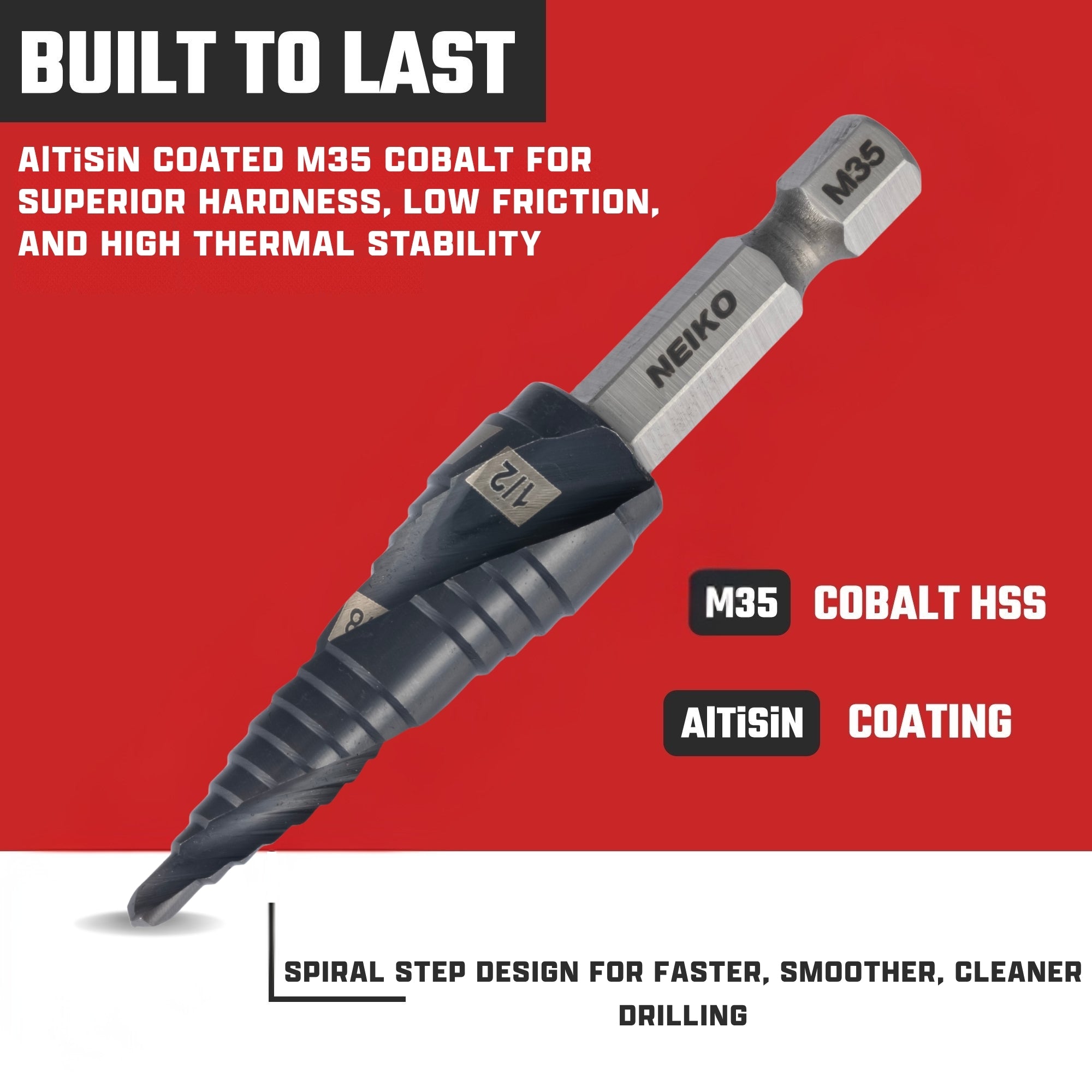 NEIKO 10617B Step Drill Bit, 2 Steps 3/8" to 1/2" Spiral M35 Cobalt, AlTiSiN Coated, 1/4" Quick Change Step Bits for Steel, Metal, Wood, Plastic, Unibit Cone Drill Bits, Two Flute