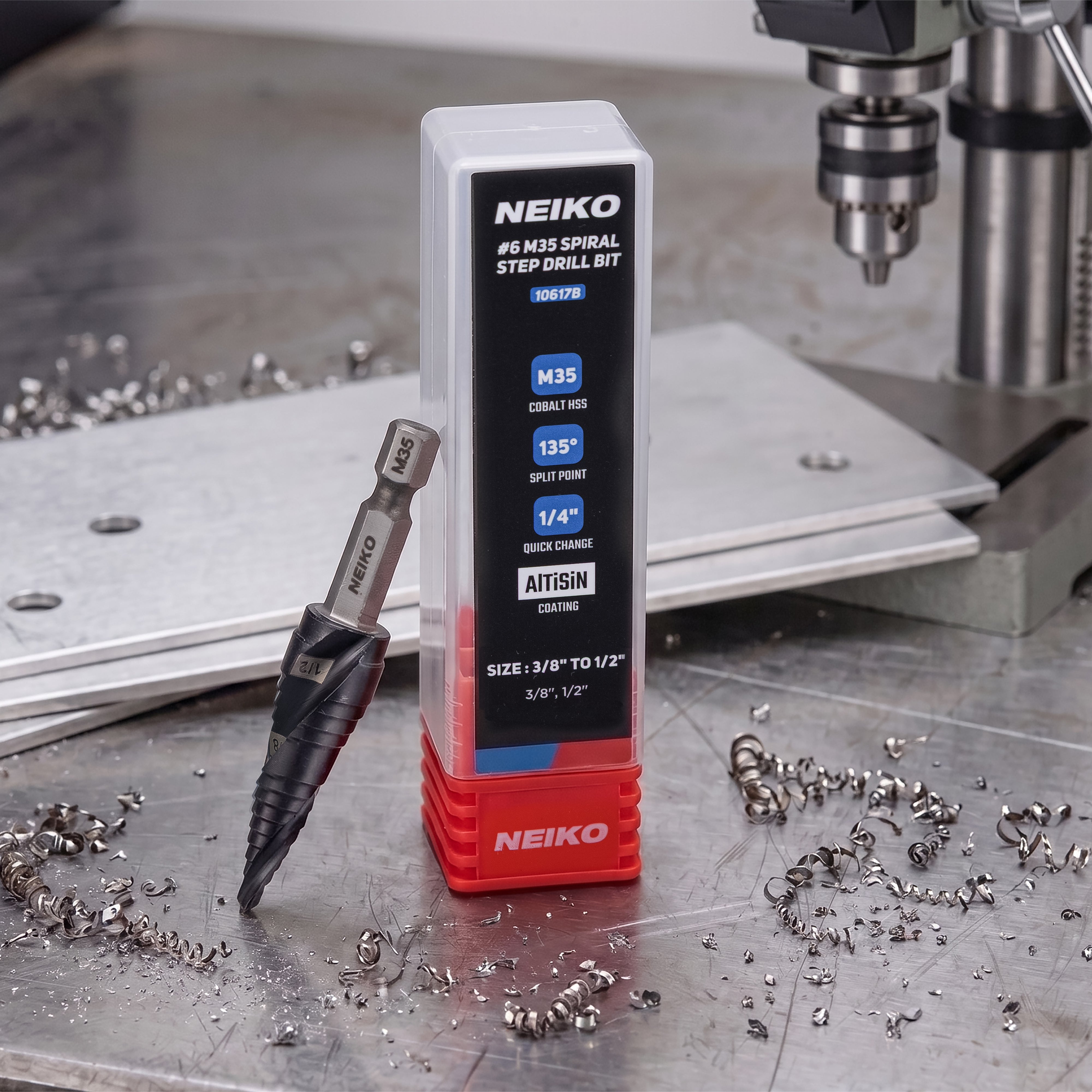 NEIKO 10617B Step Drill Bit, 2 Steps 3/8" to 1/2" Spiral M35 Cobalt, AlTiSiN Coated, 1/4" Quick Change Step Bits for Steel, Metal, Wood, Plastic, Unibit Cone Drill Bits, Two Flute
