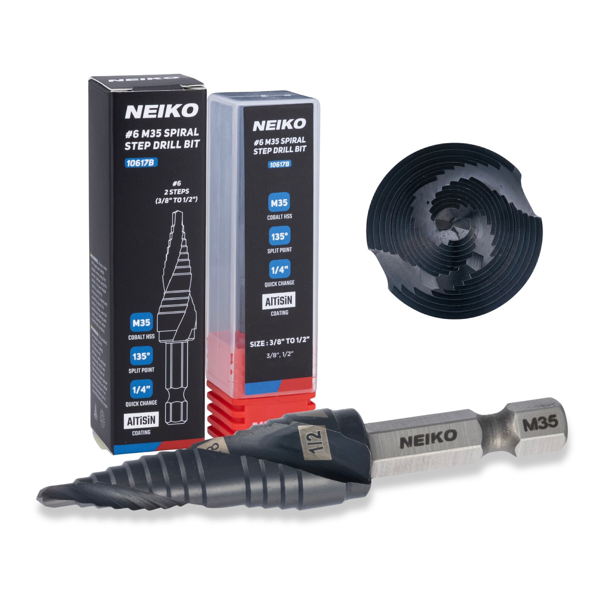 NEIKO 10617B Step Drill Bit, 2 Steps 3/8" to 1/2" Spiral M35 Cobalt, AlTiSiN Coated, 1/4" Quick Change Step Bits for Steel, Metal, Wood, Plastic, Unibit Cone Drill Bits, Two Flute