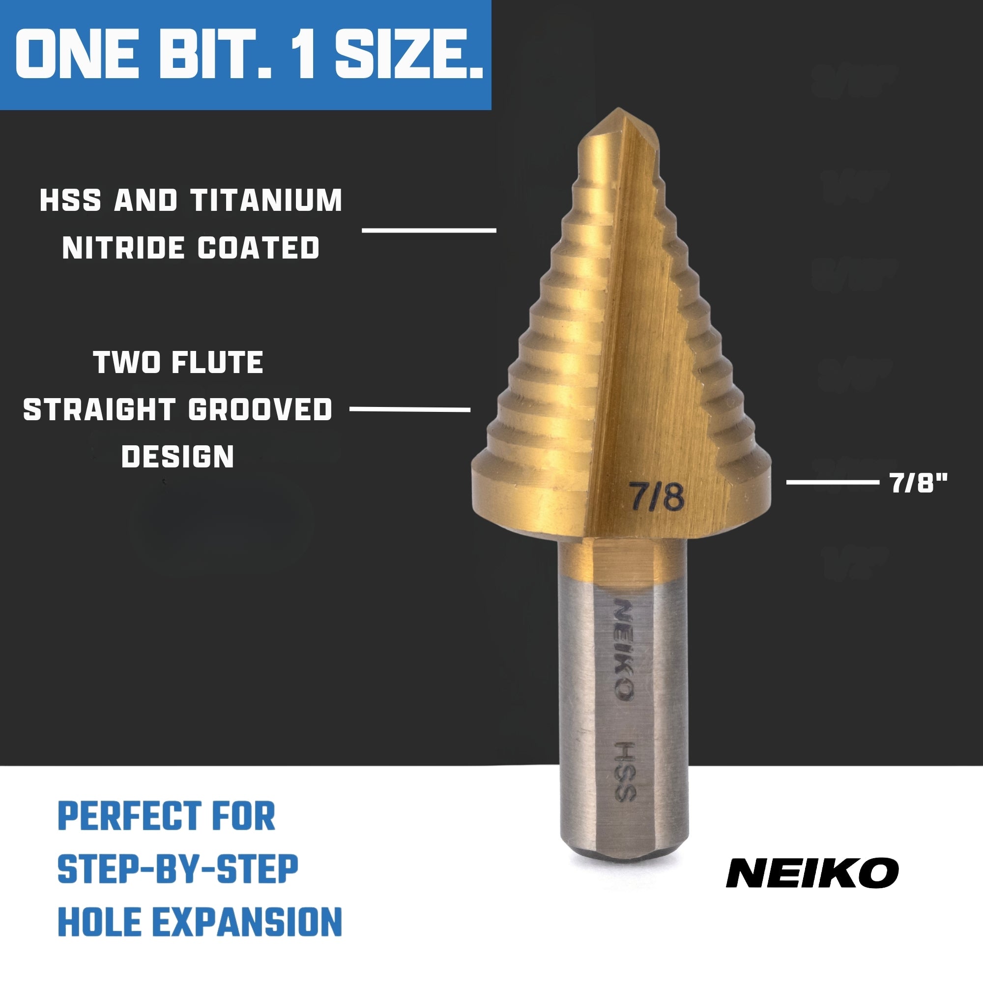 NEIKO 10618A Step Drill Bit, 1 Step 7/8" Straight High Speed Steel, Titanium Nitride Coated, 3/8" Tri-Flat Step Bits for Steel, Metal, Wood, Plastic, Unibit Cone Drill Bits, Two Flute