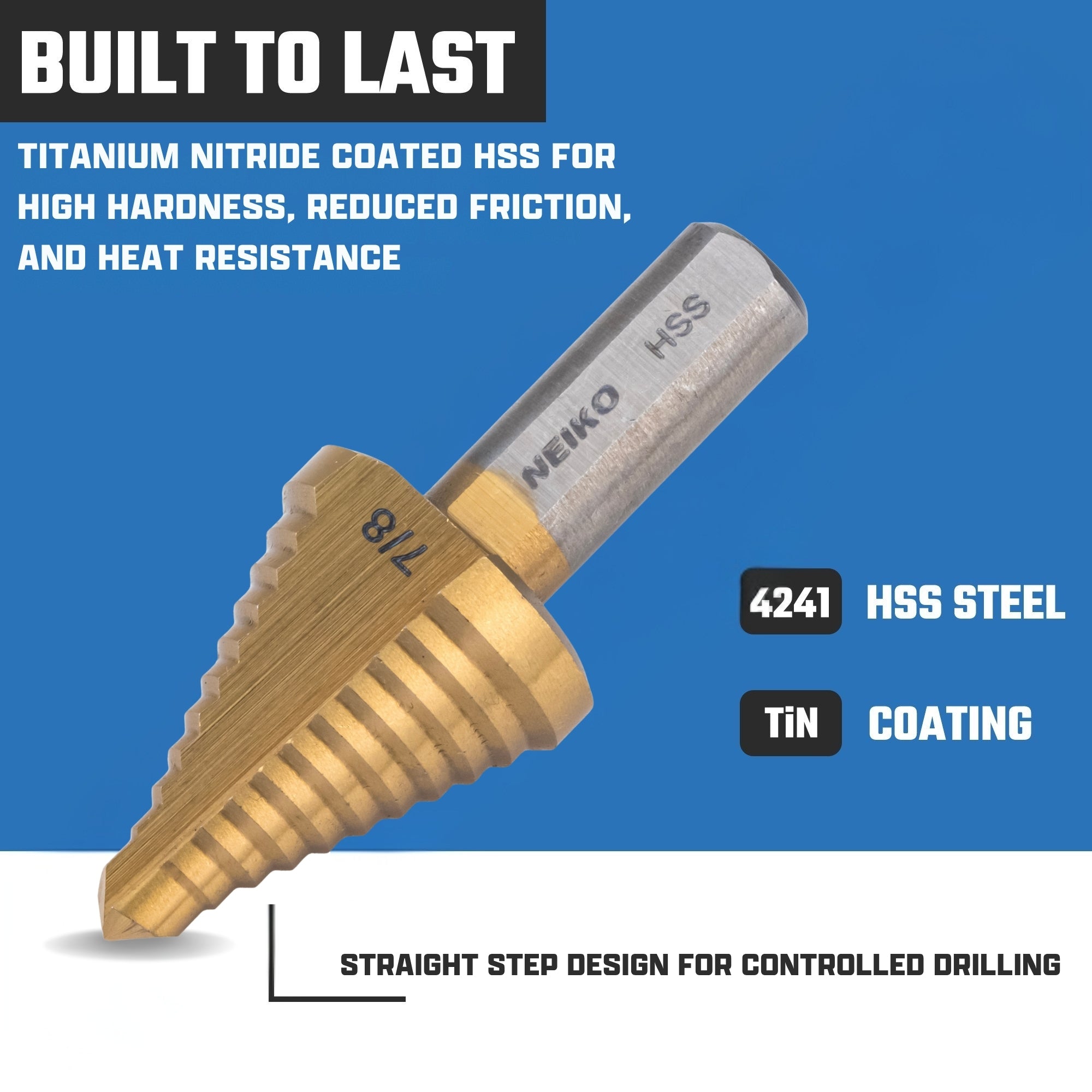 NEIKO 10618A Step Drill Bit, 1 Step 7/8" Straight High Speed Steel, Titanium Nitride Coated, 3/8" Tri-Flat Step Bits for Steel, Metal, Wood, Plastic, Unibit Cone Drill Bits, Two Flute
