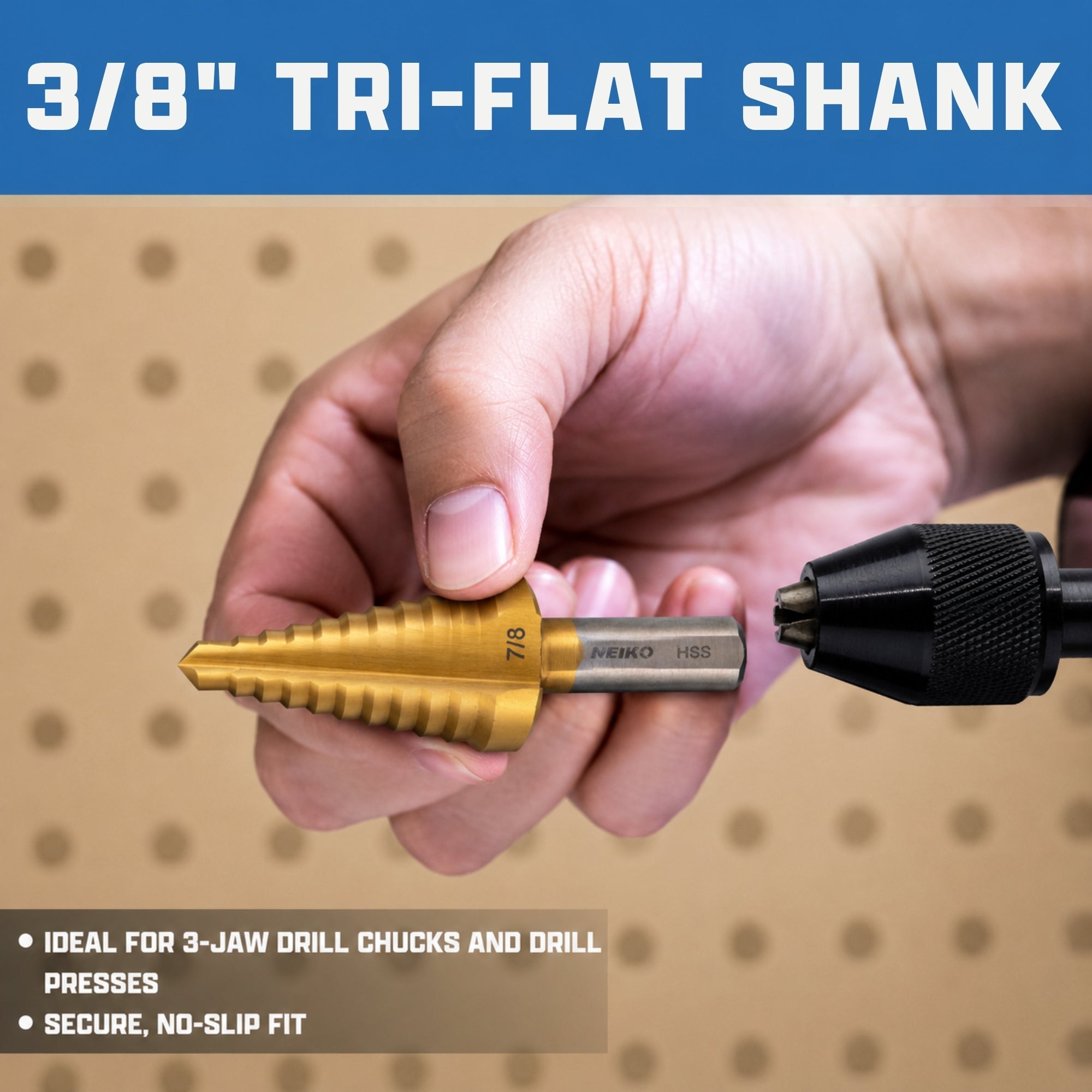 NEIKO 10618A Step Drill Bit, 1 Step 7/8" Straight High Speed Steel, Titanium Nitride Coated, 3/8" Tri-Flat Step Bits for Steel, Metal, Wood, Plastic, Unibit Cone Drill Bits, Two Flute