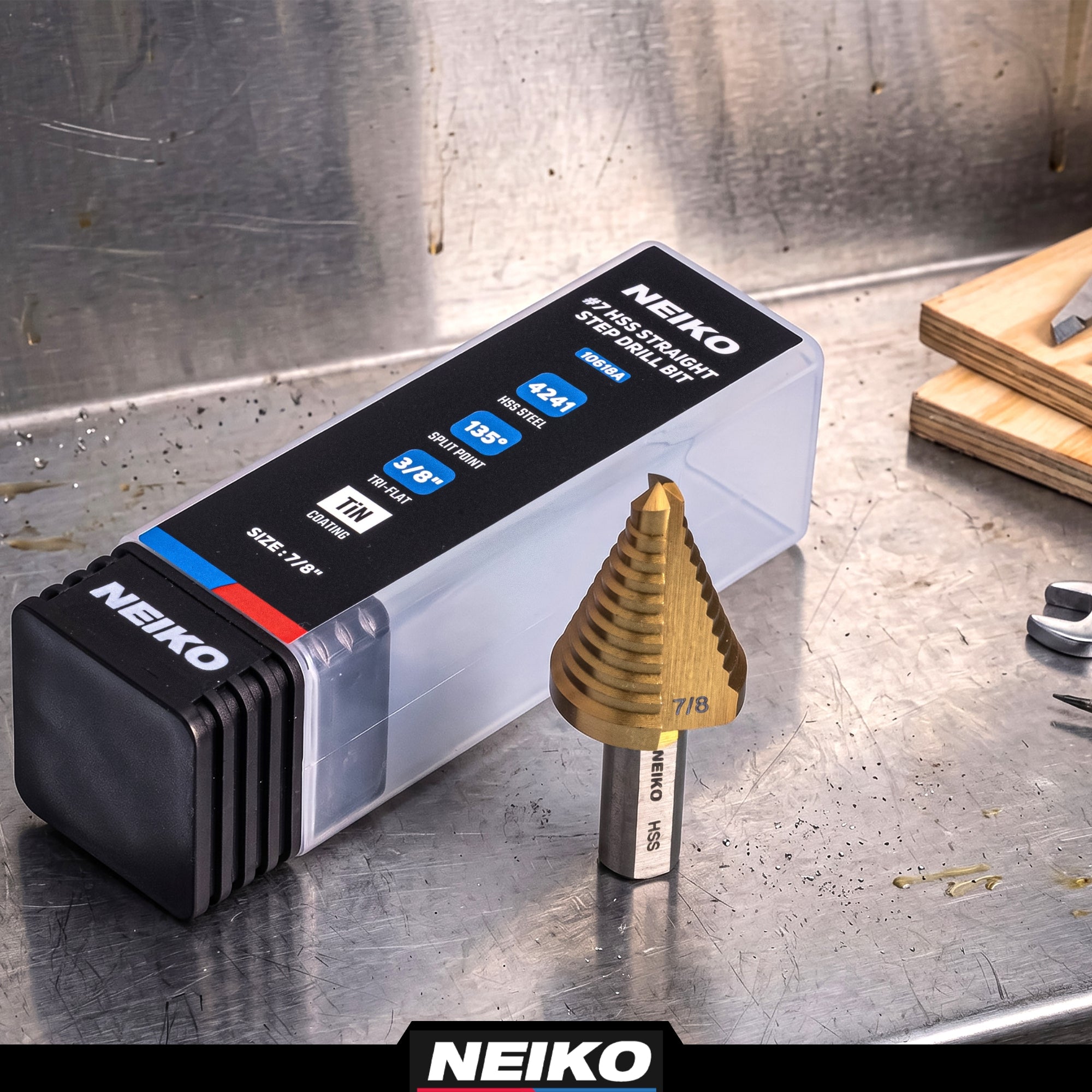 NEIKO 10618A Step Drill Bit, 1 Step 7/8" Straight High Speed Steel, Titanium Nitride Coated, 3/8" Tri-Flat Step Bits for Steel, Metal, Wood, Plastic, Unibit Cone Drill Bits, Two Flute