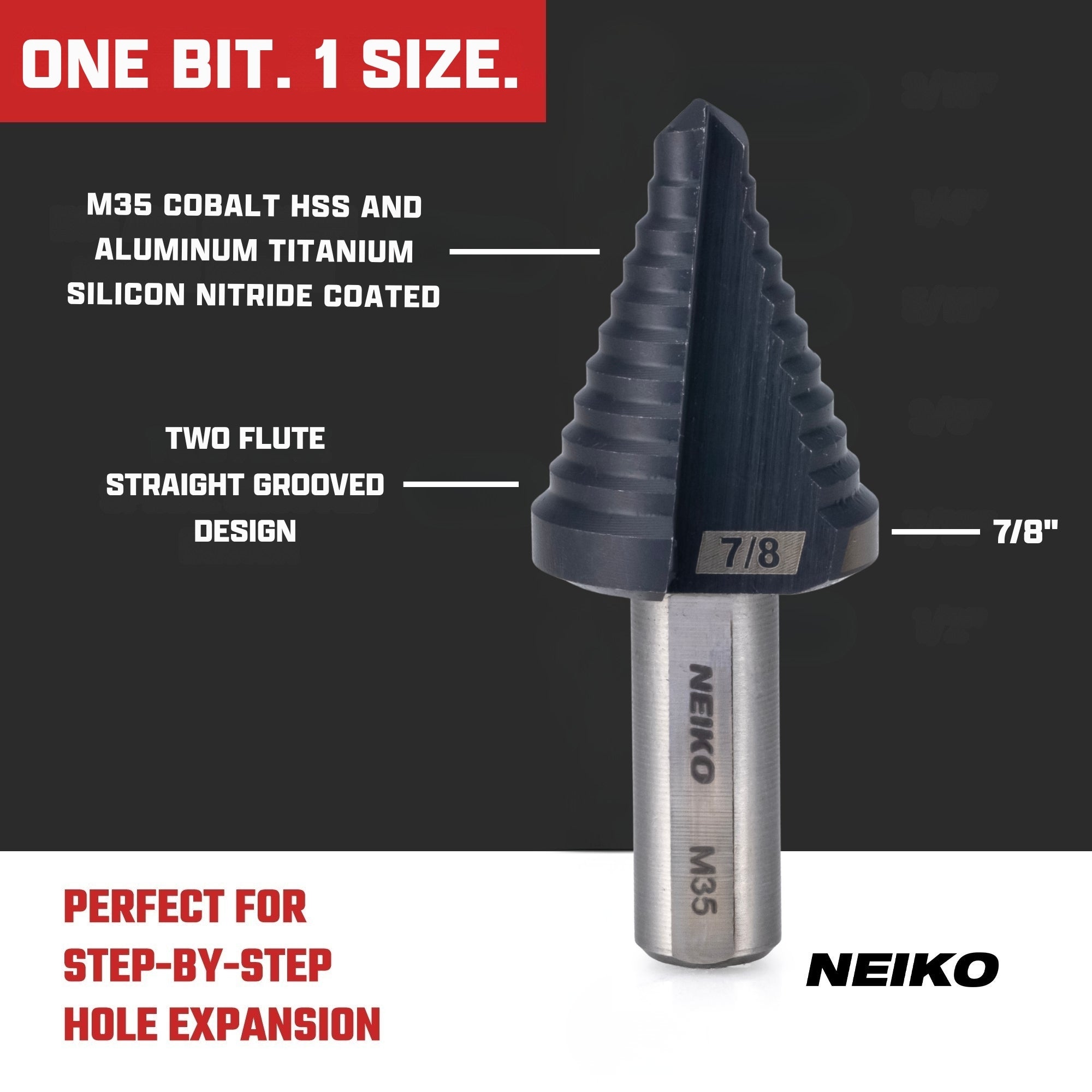 NEIKO 10618B Step Drill Bit, 1 Step 7/8" Straight M35 Cobalt, AlTiSiN Coated, 3/8" Tri-Flat Step Bits for Steel, Metal, Wood, Plastic, Unibit Cone Drill Bits, Two Flute