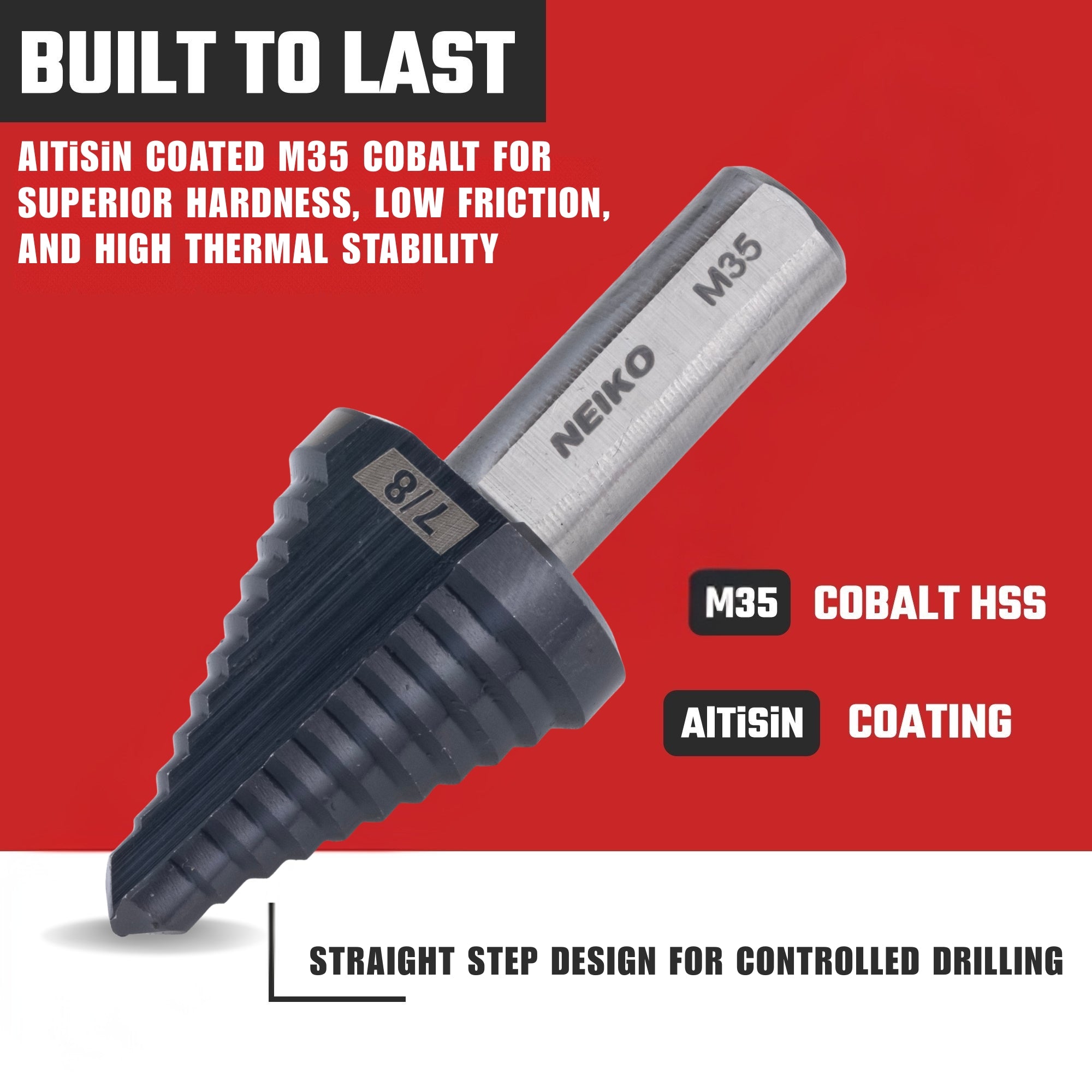 NEIKO 10618B Step Drill Bit, 1 Step 7/8" Straight M35 Cobalt, AlTiSiN Coated, 3/8" Tri-Flat Step Bits for Steel, Metal, Wood, Plastic, Unibit Cone Drill Bits, Two Flute