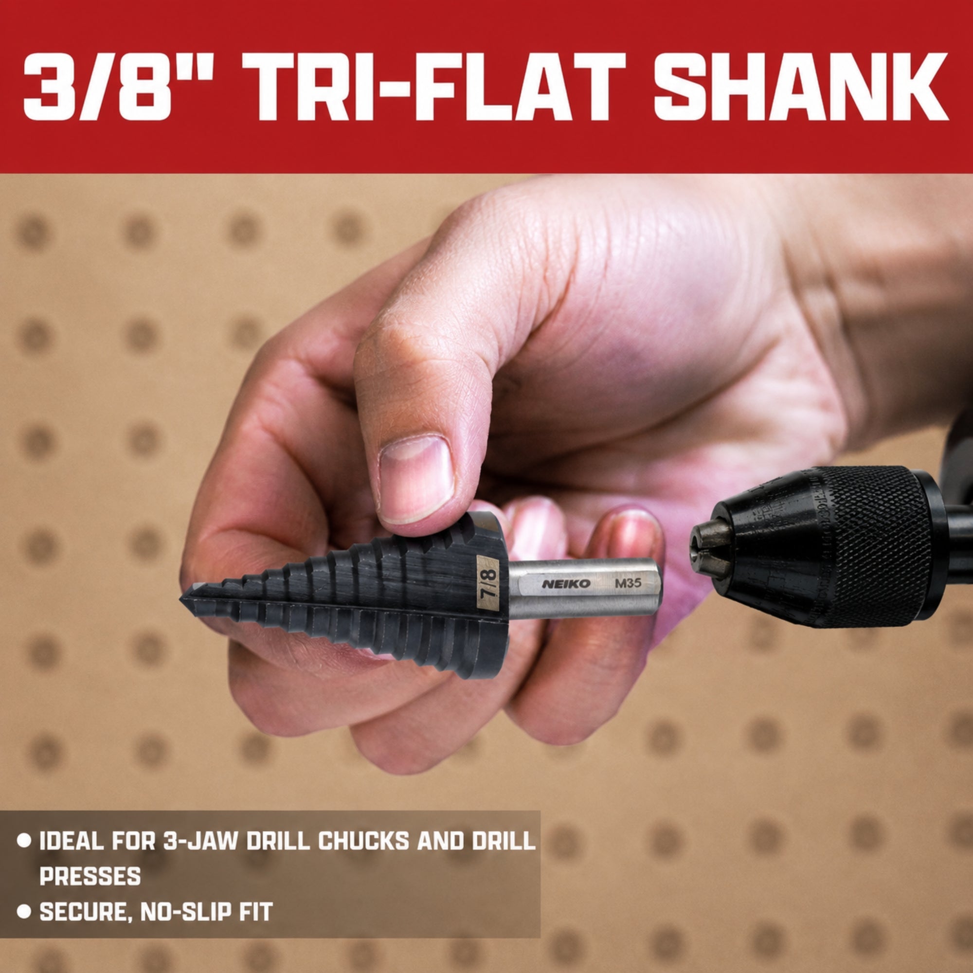 NEIKO 10618B Step Drill Bit, 1 Step 7/8" Straight M35 Cobalt, AlTiSiN Coated, 3/8" Tri-Flat Step Bits for Steel, Metal, Wood, Plastic, Unibit Cone Drill Bits, Two Flute