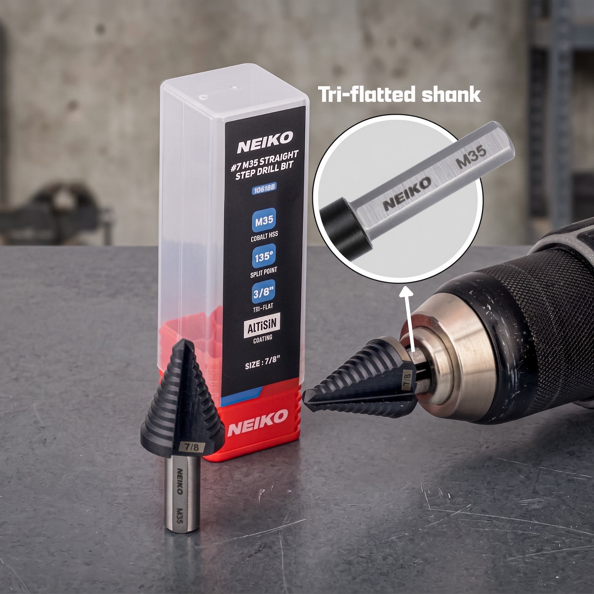 NEIKO 10618B Step Drill Bit, 1 Step 7/8" Straight M35 Cobalt, AlTiSiN Coated, 3/8" Tri-Flat Step Bits for Steel, Metal, Wood, Plastic, Unibit Cone Drill Bits, Two Flute