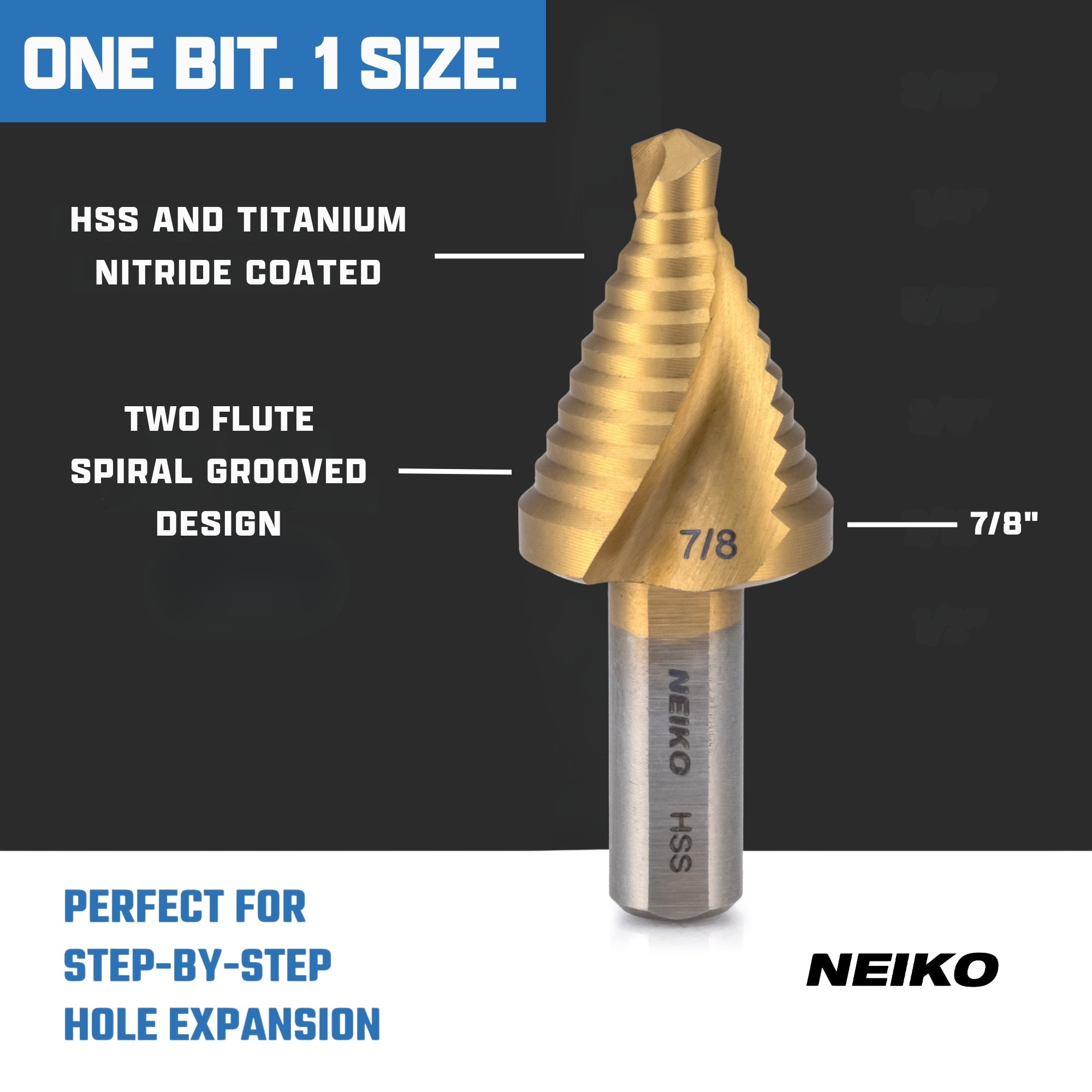 NEIKO 10619A Step Drill Bit, 1 Step 7/8" Spiral High Speed Steel, Titanium Nitride Coated, 3/8" Tri-Flat Step Bits for Steel, Metal, Wood, Plastic, Unibit Cone Drill Bits, Two Flute