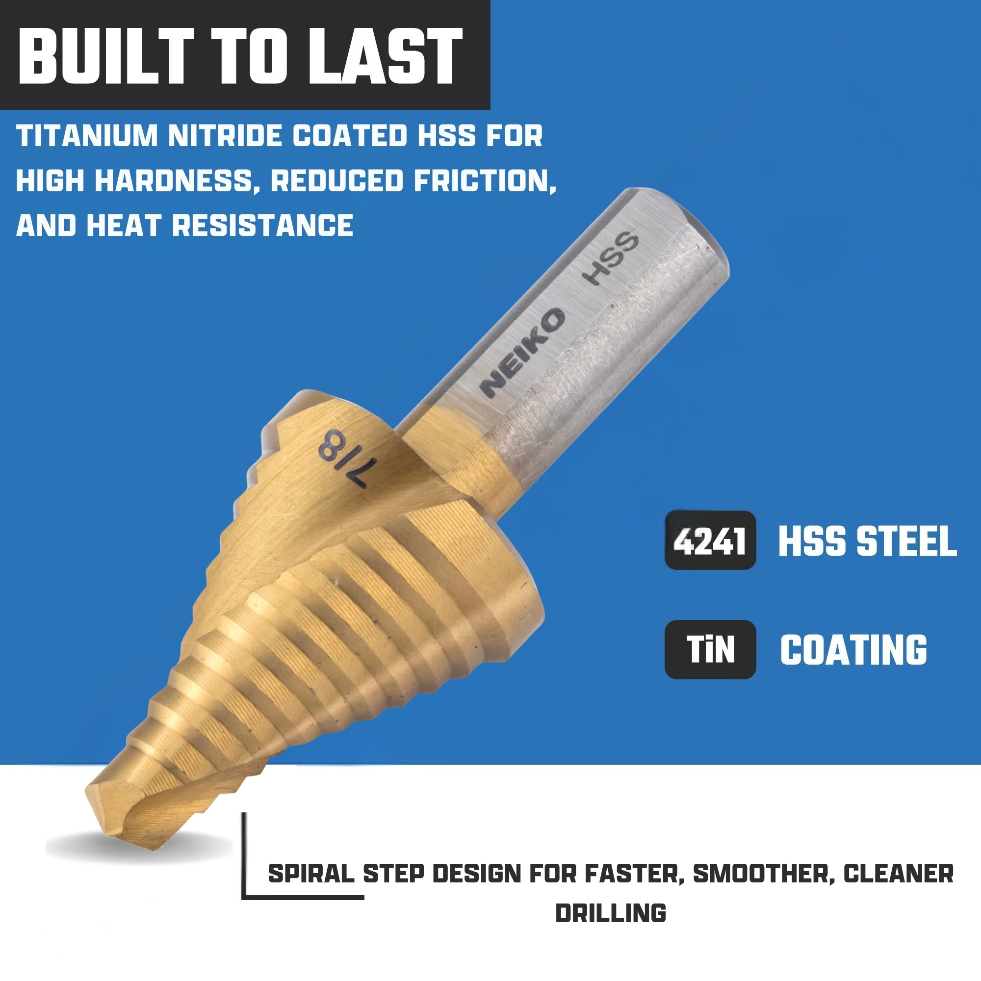 NEIKO 10619A Step Drill Bit, 1 Step 7/8" Spiral High Speed Steel, Titanium Nitride Coated, 3/8" Tri-Flat Step Bits for Steel, Metal, Wood, Plastic, Unibit Cone Drill Bits, Two Flute
