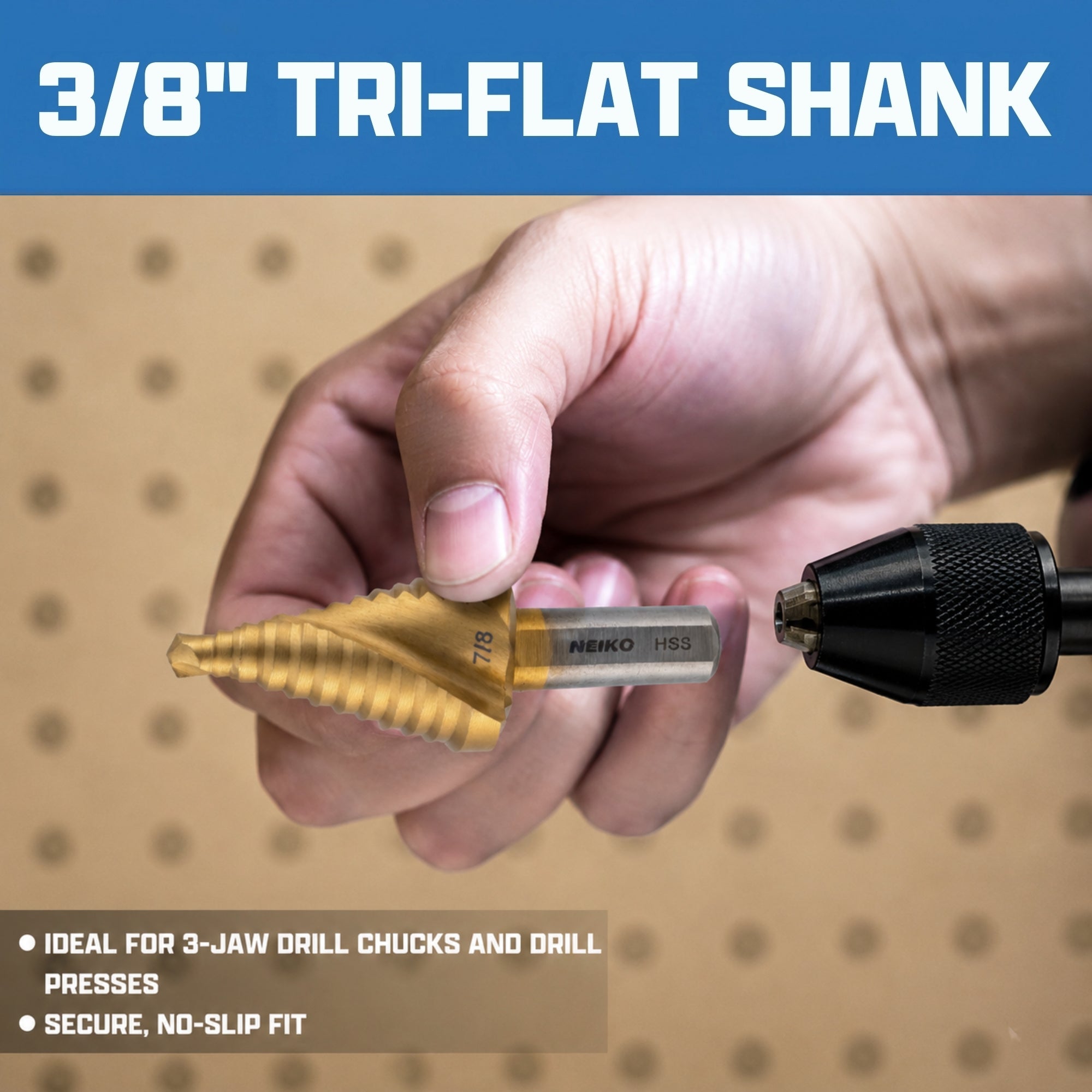 NEIKO 10619A Step Drill Bit, 1 Step 7/8" Spiral High Speed Steel, Titanium Nitride Coated, 3/8" Tri-Flat Step Bits for Steel, Metal, Wood, Plastic, Unibit Cone Drill Bits, Two Flute