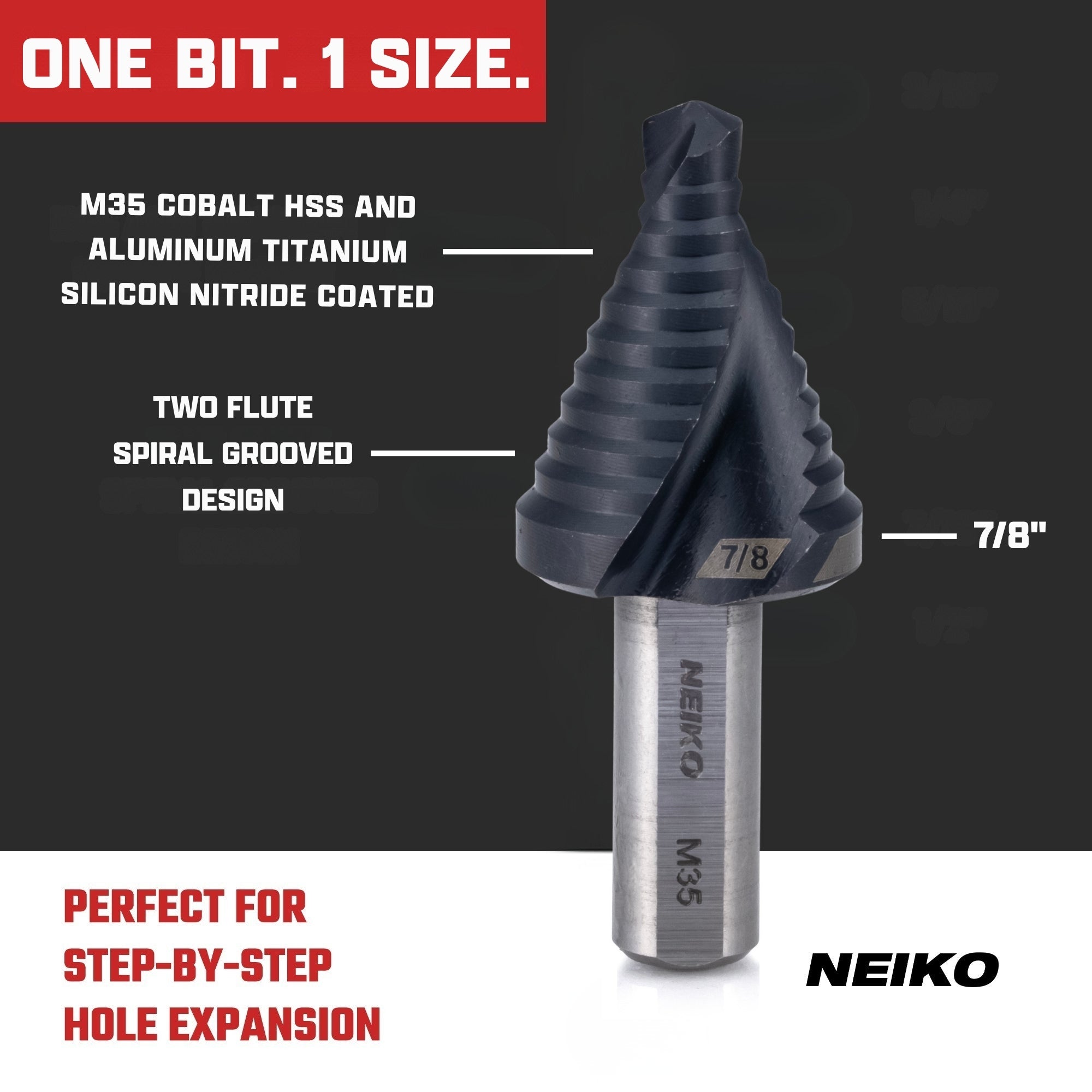 NEIKO 10619B Step Drill Bit, 1 Step 7/8" Spiral M35 Cobalt, AlTiSiN Coated, 3/8" Tri-Flat Step Bits for Steel, Metal, Wood, Plastic, Unibit Cone Drill Bits, Two Flute
