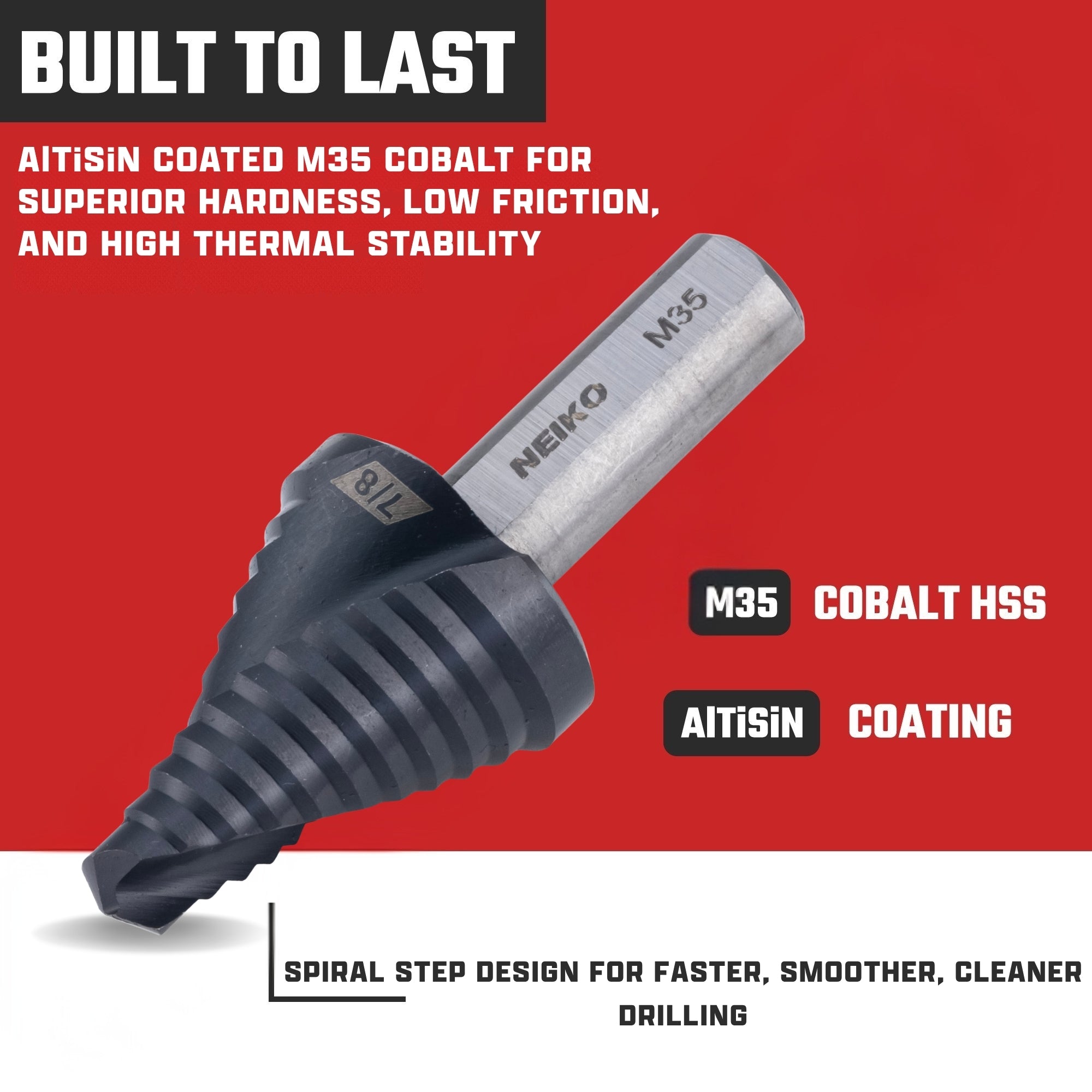NEIKO 10619B Step Drill Bit, 1 Step 7/8" Spiral M35 Cobalt, AlTiSiN Coated, 3/8" Tri-Flat Step Bits for Steel, Metal, Wood, Plastic, Unibit Cone Drill Bits, Two Flute