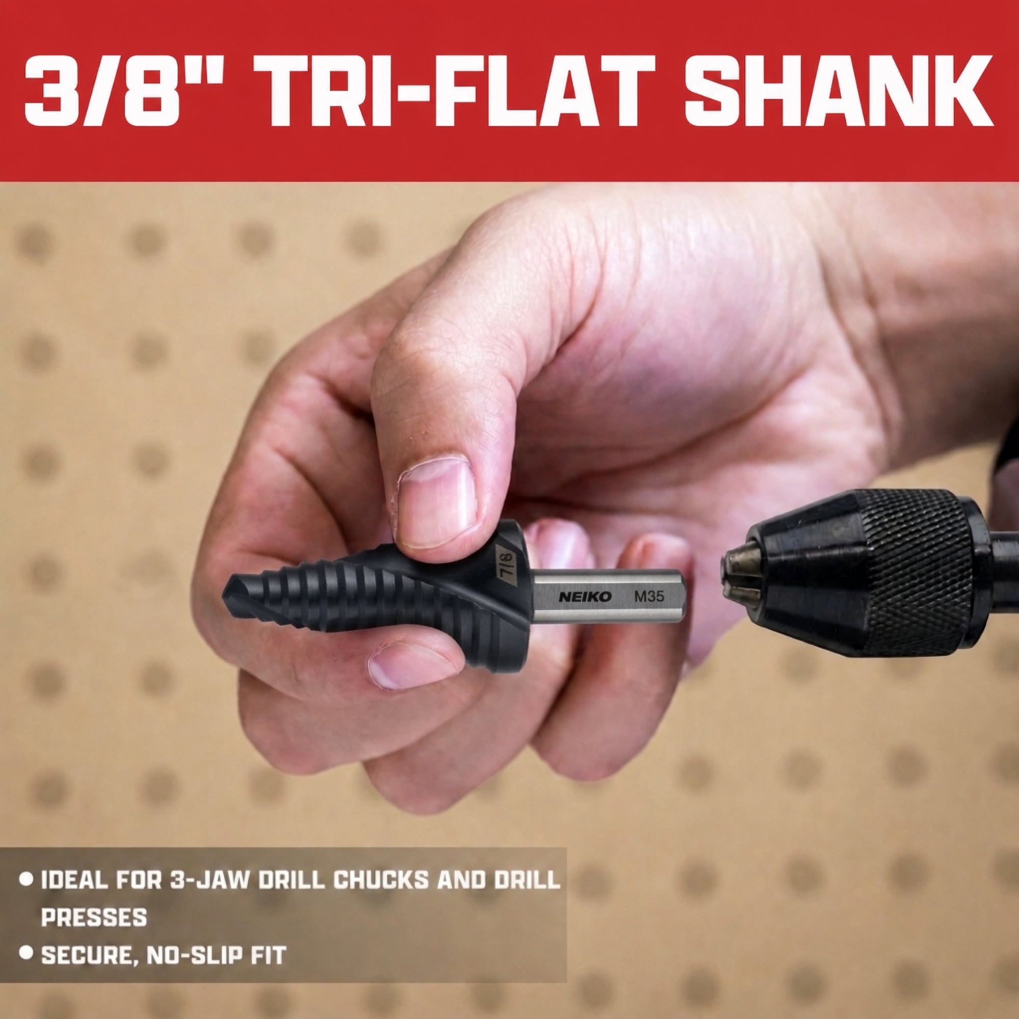 NEIKO 10619B Step Drill Bit, 1 Step 7/8" Spiral M35 Cobalt, AlTiSiN Coated, 3/8" Tri-Flat Step Bits for Steel, Metal, Wood, Plastic, Unibit Cone Drill Bits, Two Flute