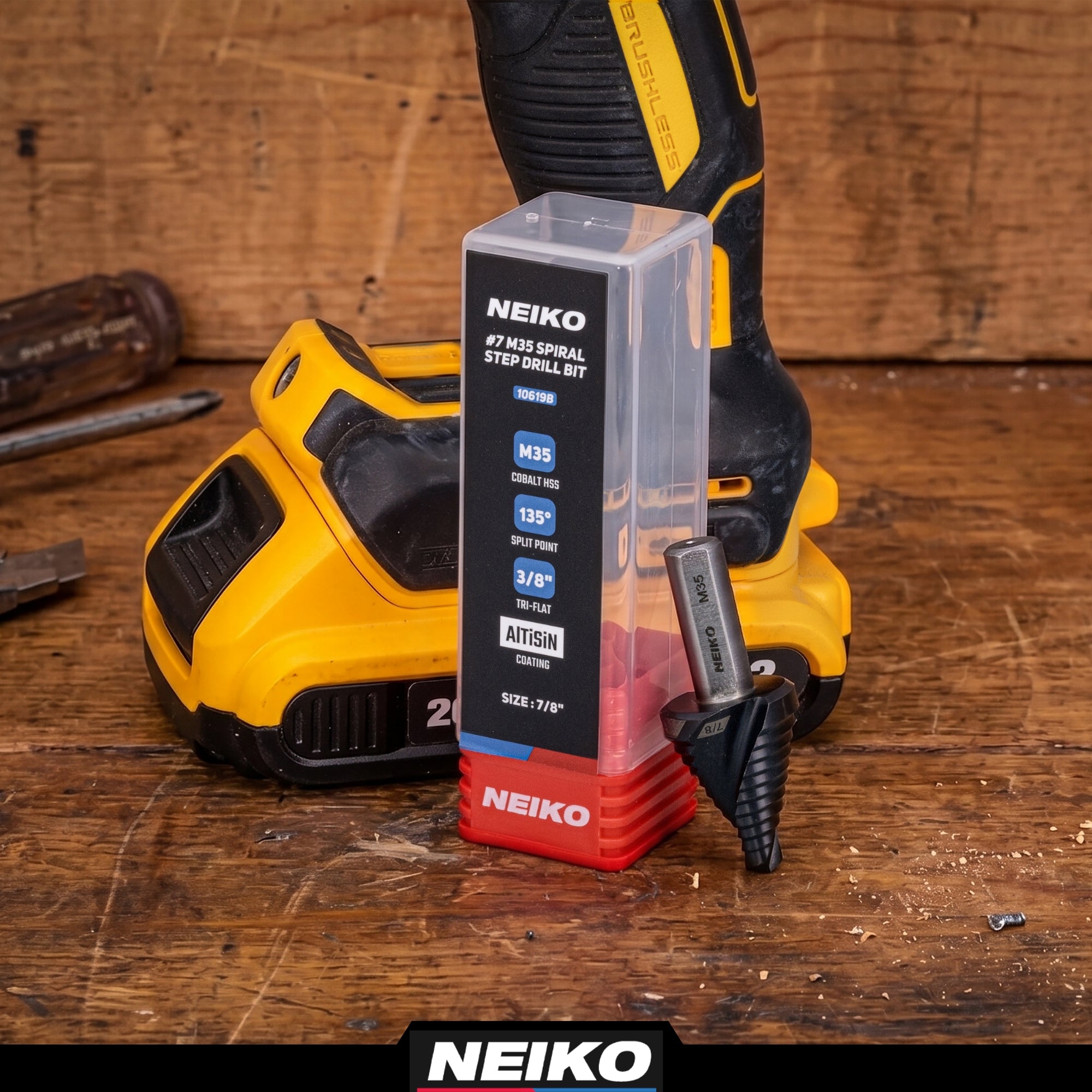 NEIKO 10619B Step Drill Bit, 1 Step 7/8" Spiral M35 Cobalt, AlTiSiN Coated, 3/8" Tri-Flat Step Bits for Steel, Metal, Wood, Plastic, Unibit Cone Drill Bits, Two Flute