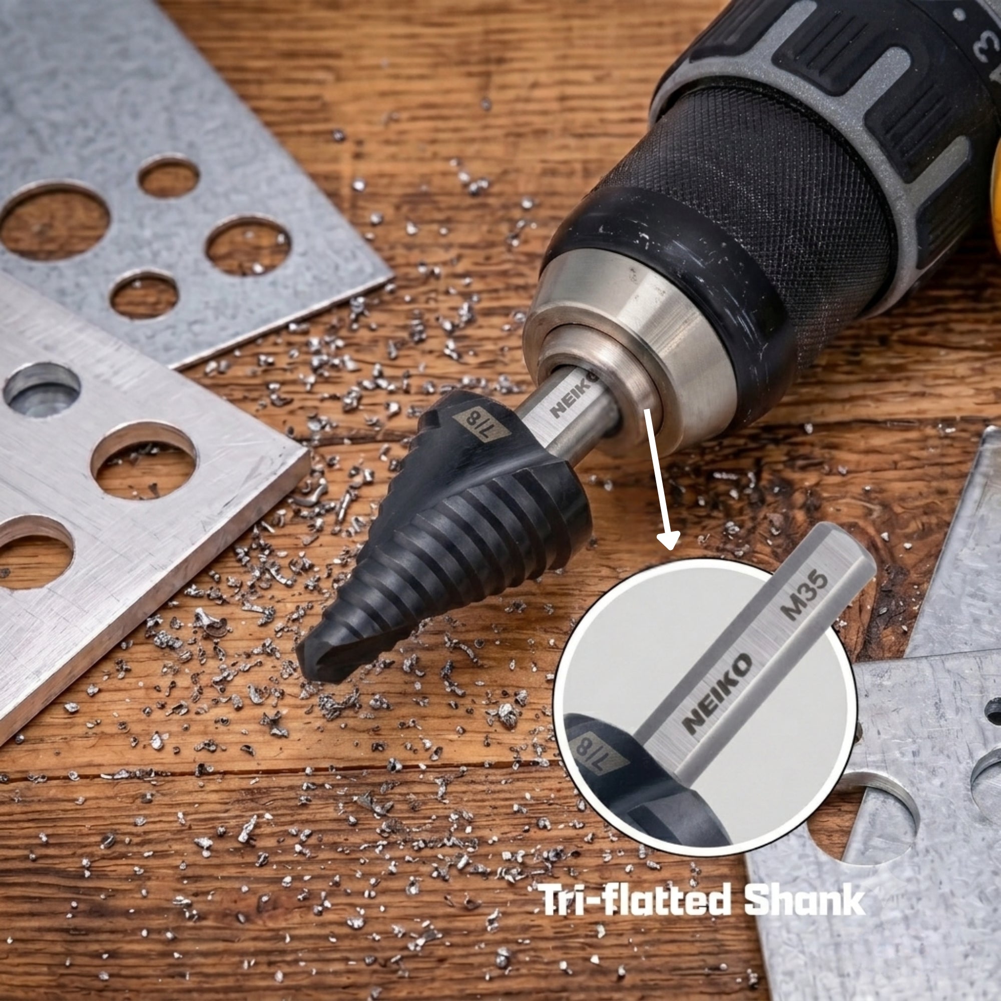 NEIKO 10619B Step Drill Bit, 1 Step 7/8" Spiral M35 Cobalt, AlTiSiN Coated, 3/8" Tri-Flat Step Bits for Steel, Metal, Wood, Plastic, Unibit Cone Drill Bits, Two Flute