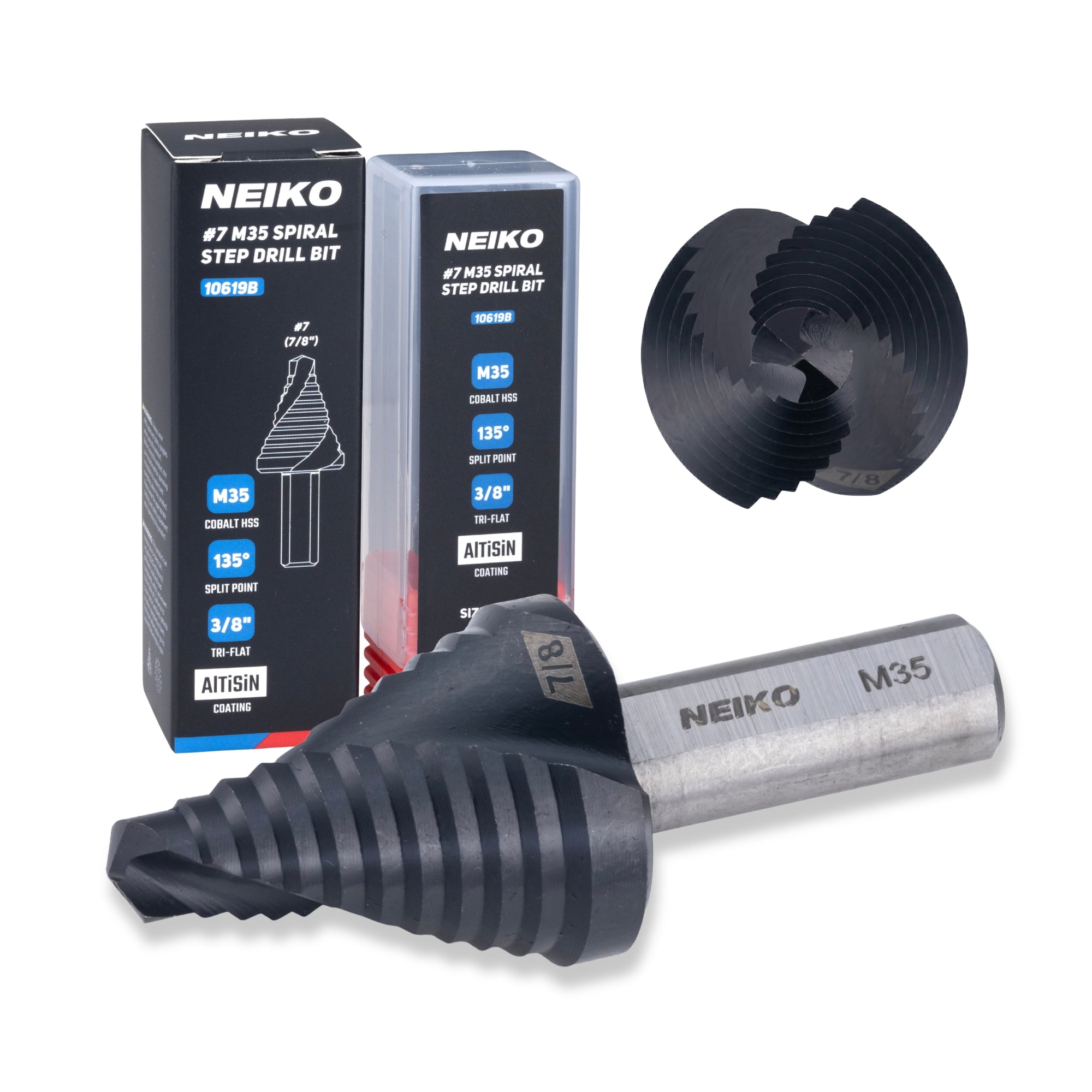 NEIKO 10619B Step Drill Bit, 1 Step 7/8" Spiral M35 Cobalt, AlTiSiN Coated, 3/8" Tri-Flat Step Bits for Steel, Metal, Wood, Plastic, Unibit Cone Drill Bits, Two Flute
