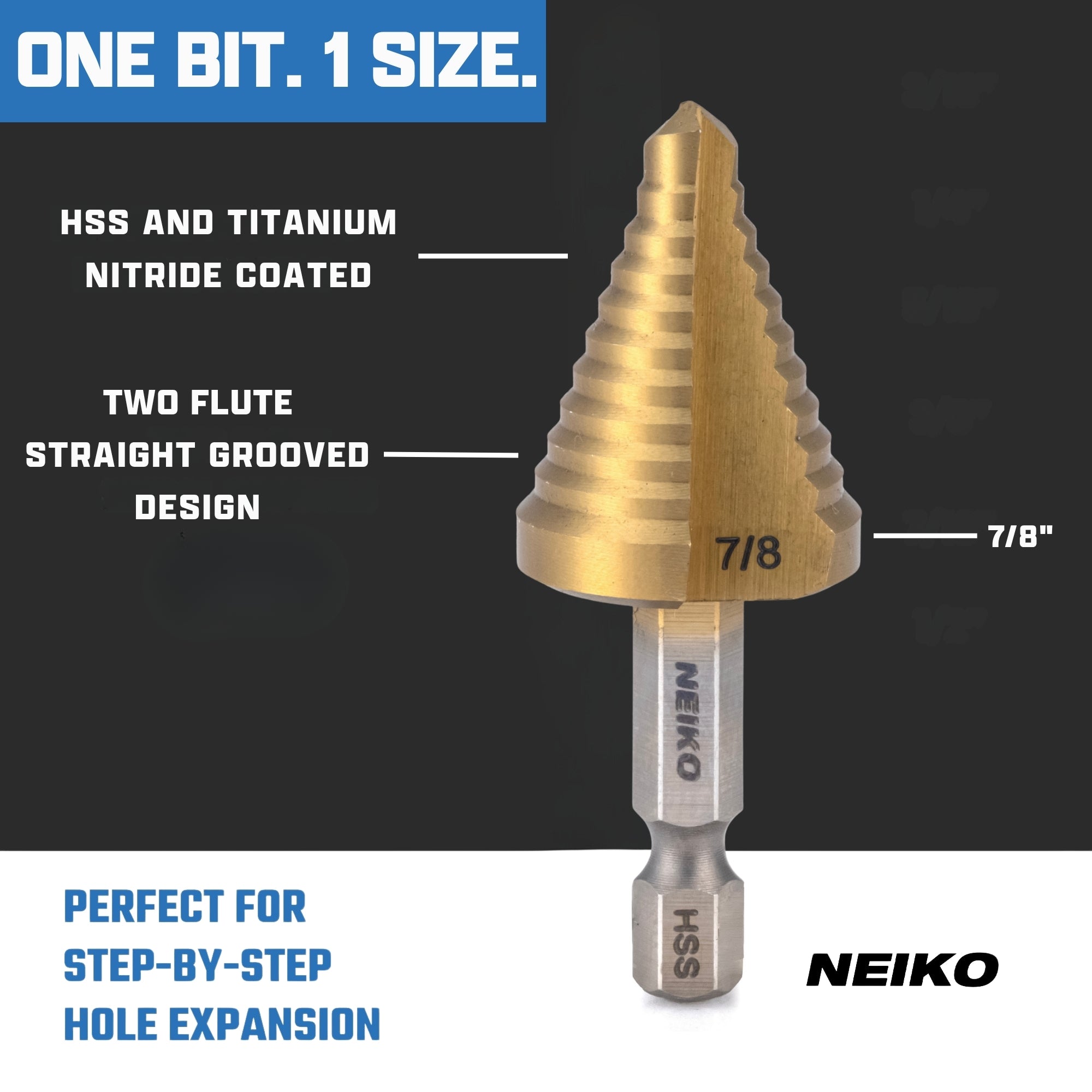 NEIKO 10620A Step Drill Bit, 1 Step 7/8" Straight High Speed Steel, Titanium Nitride Coated, 1/4" Quick Change Step Bits for Steel, Metal, Wood, Plastic, Unibit Cone Drill Bits, Two Flute