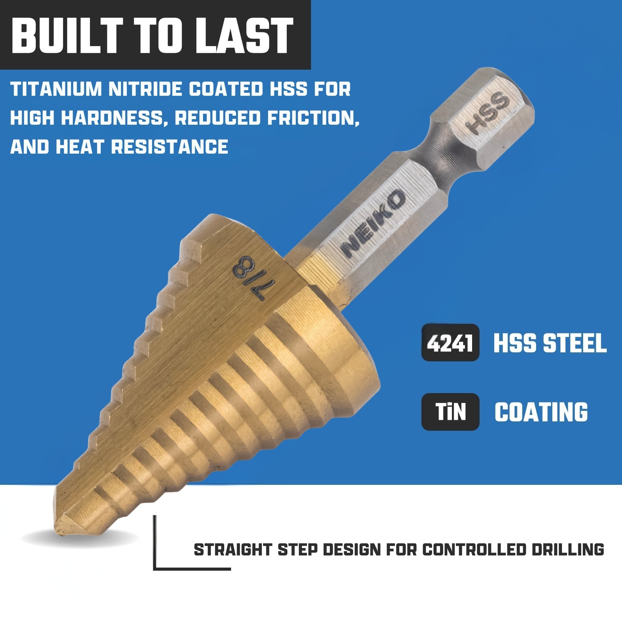 NEIKO 10620A Step Drill Bit, 1 Step 7/8" Straight High Speed Steel, Titanium Nitride Coated, 1/4" Quick Change Step Bits for Steel, Metal, Wood, Plastic, Unibit Cone Drill Bits, Two Flute