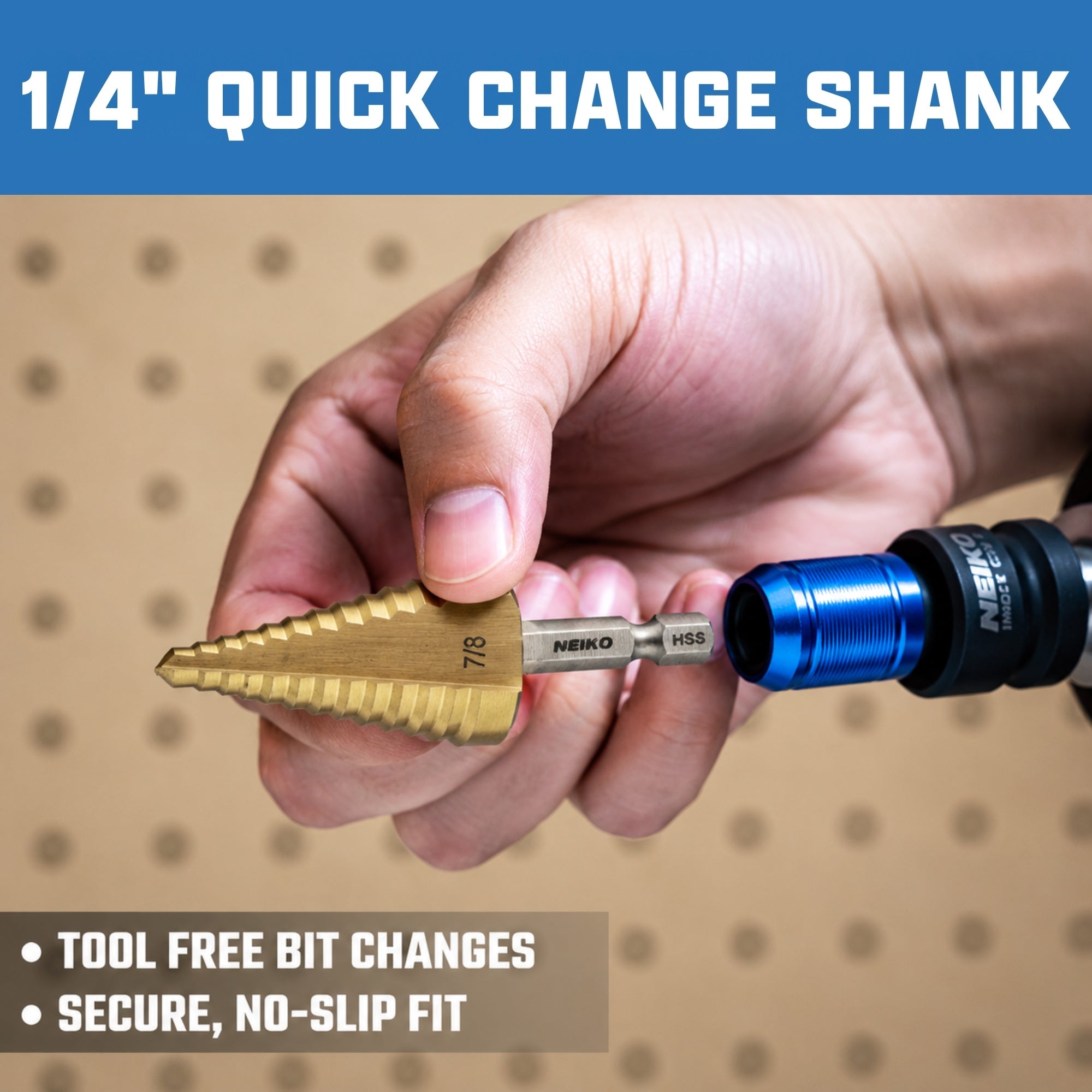 NEIKO 10620A Step Drill Bit, 1 Step 7/8" Straight High Speed Steel, Titanium Nitride Coated, 1/4" Quick Change Step Bits for Steel, Metal, Wood, Plastic, Unibit Cone Drill Bits, Two Flute