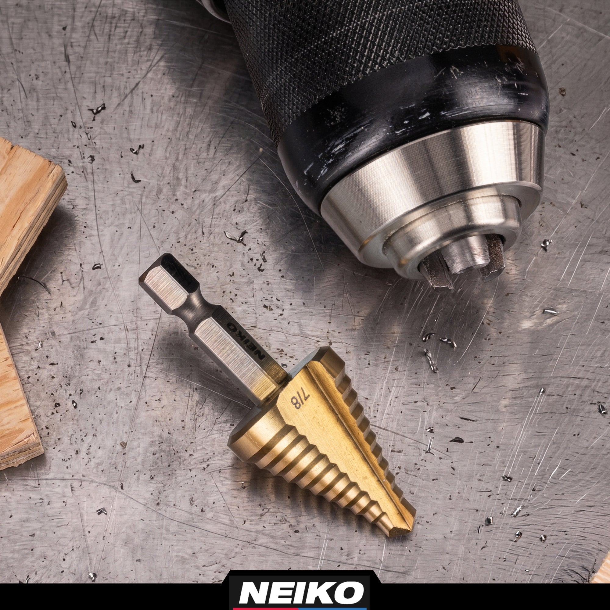NEIKO 10620A Step Drill Bit, 1 Step 7/8" Straight High Speed Steel, Titanium Nitride Coated, 1/4" Quick Change Step Bits for Steel, Metal, Wood, Plastic, Unibit Cone Drill Bits, Two Flute