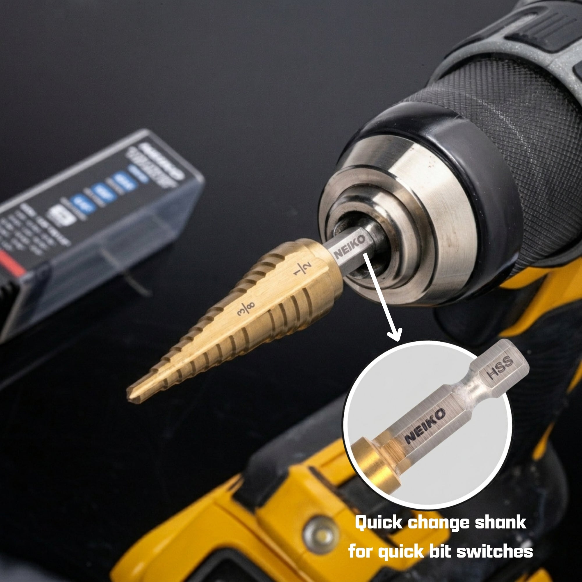 NEIKO 10620A Step Drill Bit, 1 Step 7/8" Straight High Speed Steel, Titanium Nitride Coated, 1/4" Quick Change Step Bits for Steel, Metal, Wood, Plastic, Unibit Cone Drill Bits, Two Flute