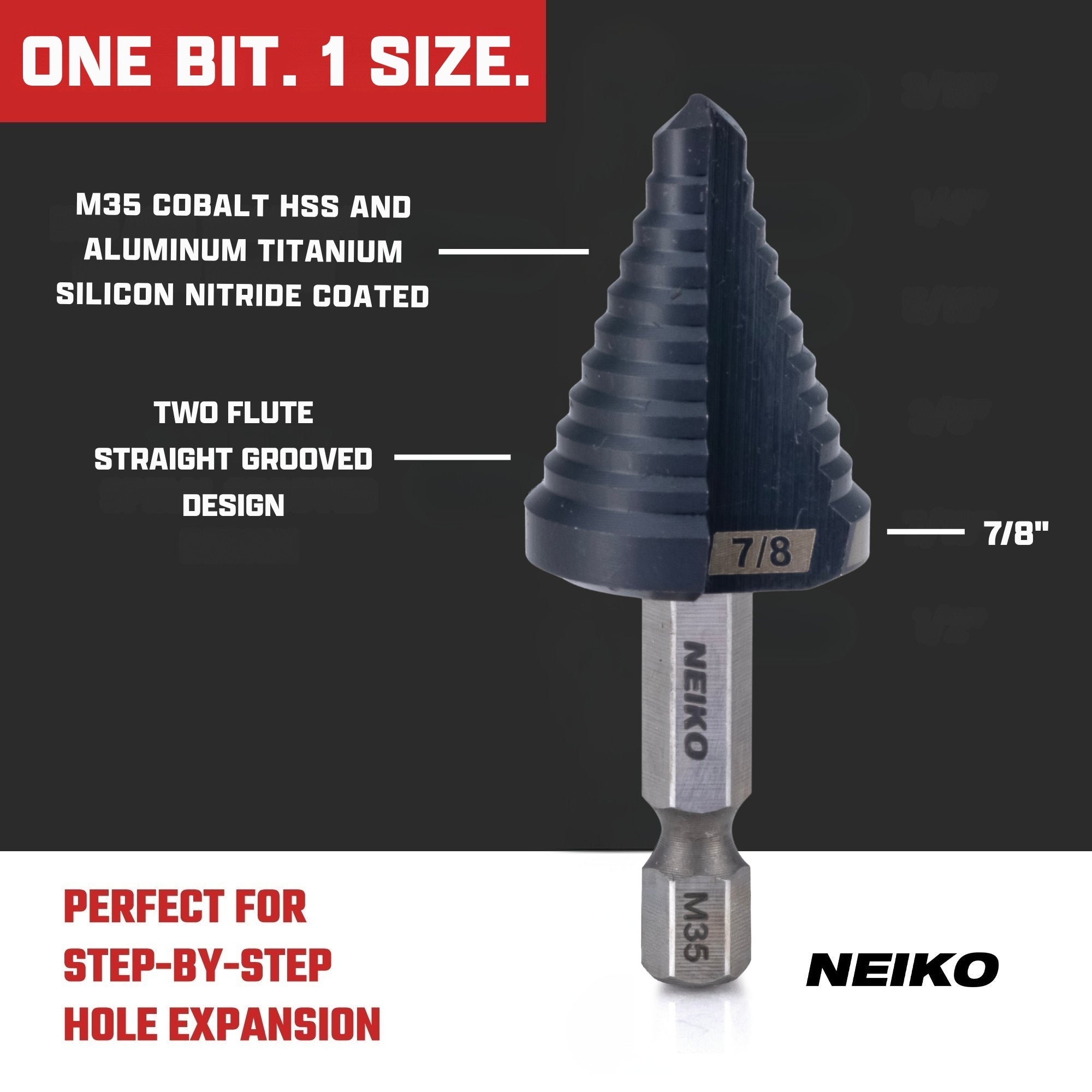 NEIKO 10620B Step Drill Bit, 1 Step 7/8" Straight M35 Cobalt, AlTiSiN Coated, 1/4" Quick Change Step Bits for Steel, Metal, Wood, Plastic, Unibit Cone Drill Bits, Two Flute