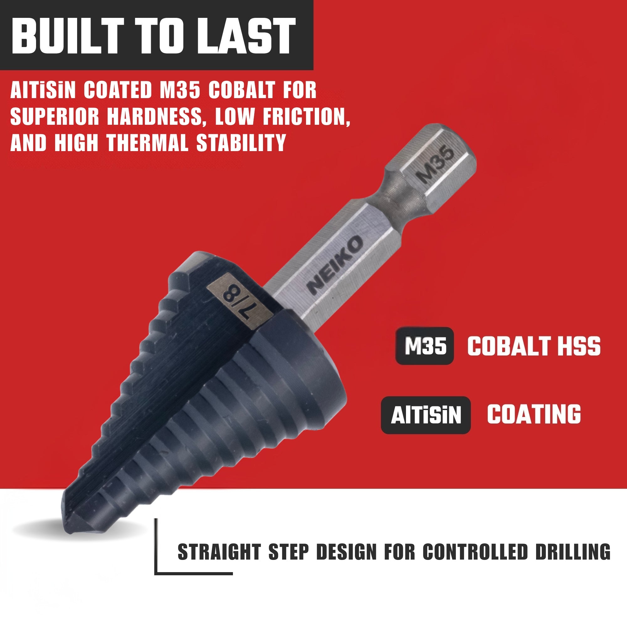 NEIKO 10620B Step Drill Bit, 1 Step 7/8" Straight M35 Cobalt, AlTiSiN Coated, 1/4" Quick Change Step Bits for Steel, Metal, Wood, Plastic, Unibit Cone Drill Bits, Two Flute