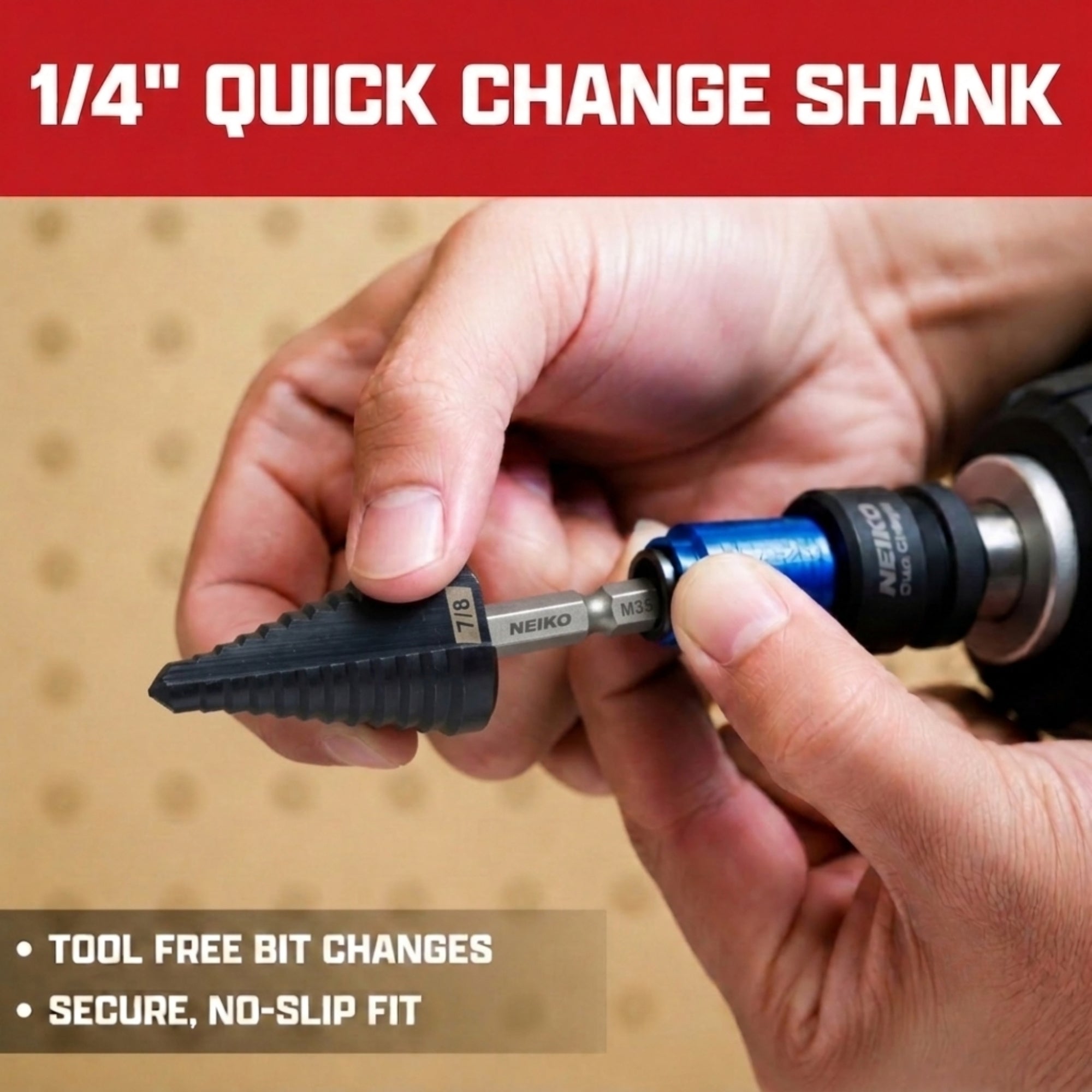 NEIKO 10620B Step Drill Bit, 1 Step 7/8" Straight M35 Cobalt, AlTiSiN Coated, 1/4" Quick Change Step Bits for Steel, Metal, Wood, Plastic, Unibit Cone Drill Bits, Two Flute