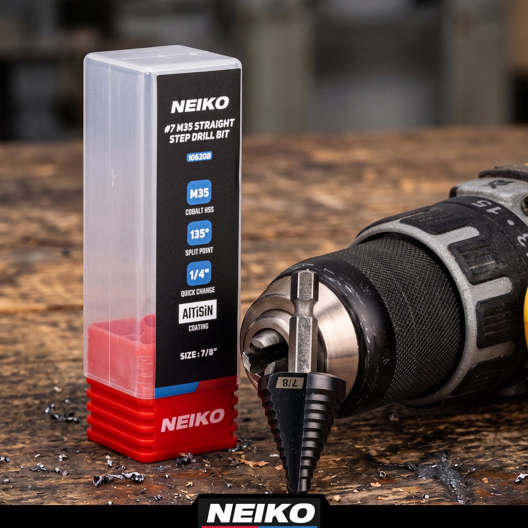 NEIKO 10620B Step Drill Bit, 1 Step 7/8" Straight M35 Cobalt, AlTiSiN Coated, 1/4" Quick Change Step Bits for Steel, Metal, Wood, Plastic, Unibit Cone Drill Bits, Two Flute