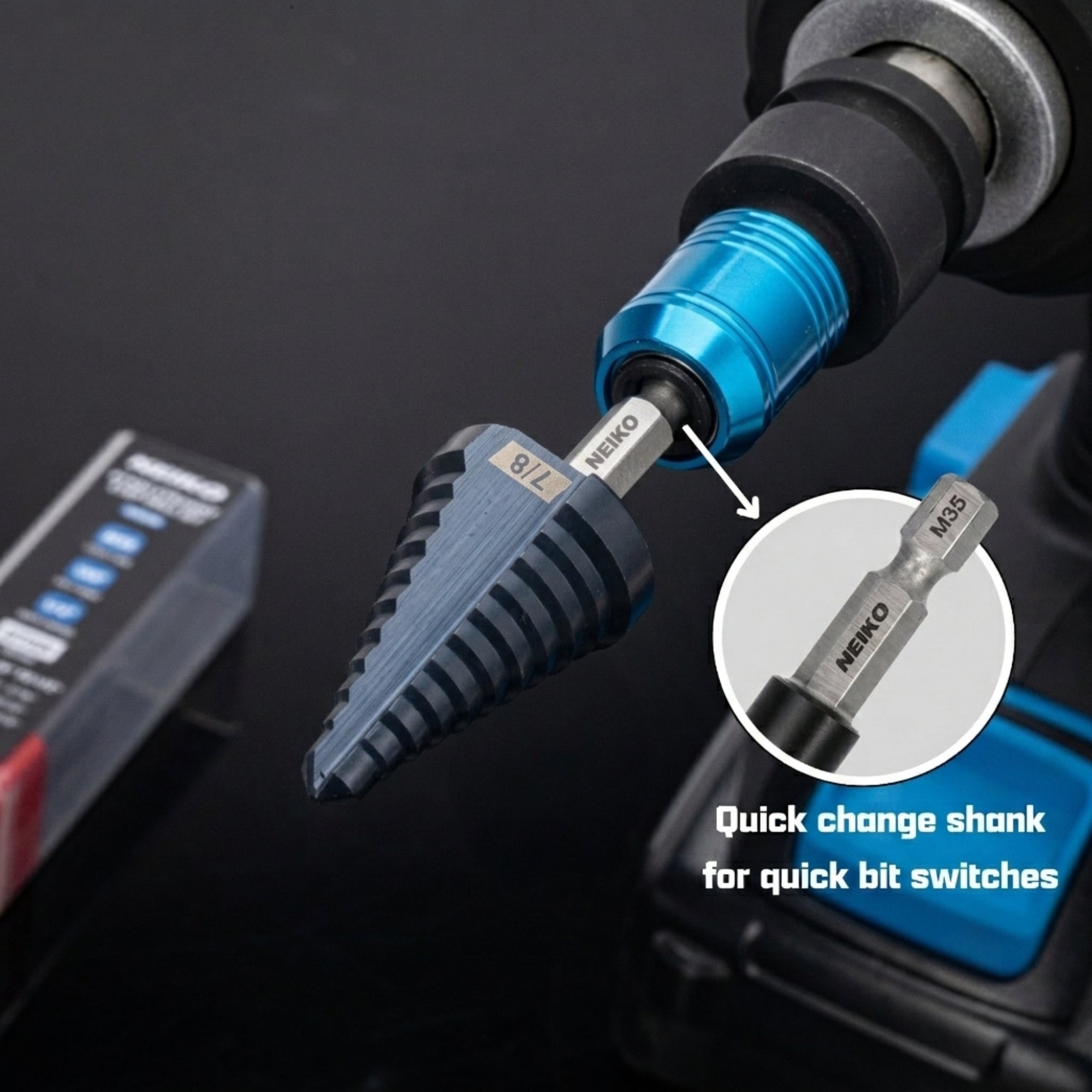 NEIKO 10620B Step Drill Bit, 1 Step 7/8" Straight M35 Cobalt, AlTiSiN Coated, 1/4" Quick Change Step Bits for Steel, Metal, Wood, Plastic, Unibit Cone Drill Bits, Two Flute