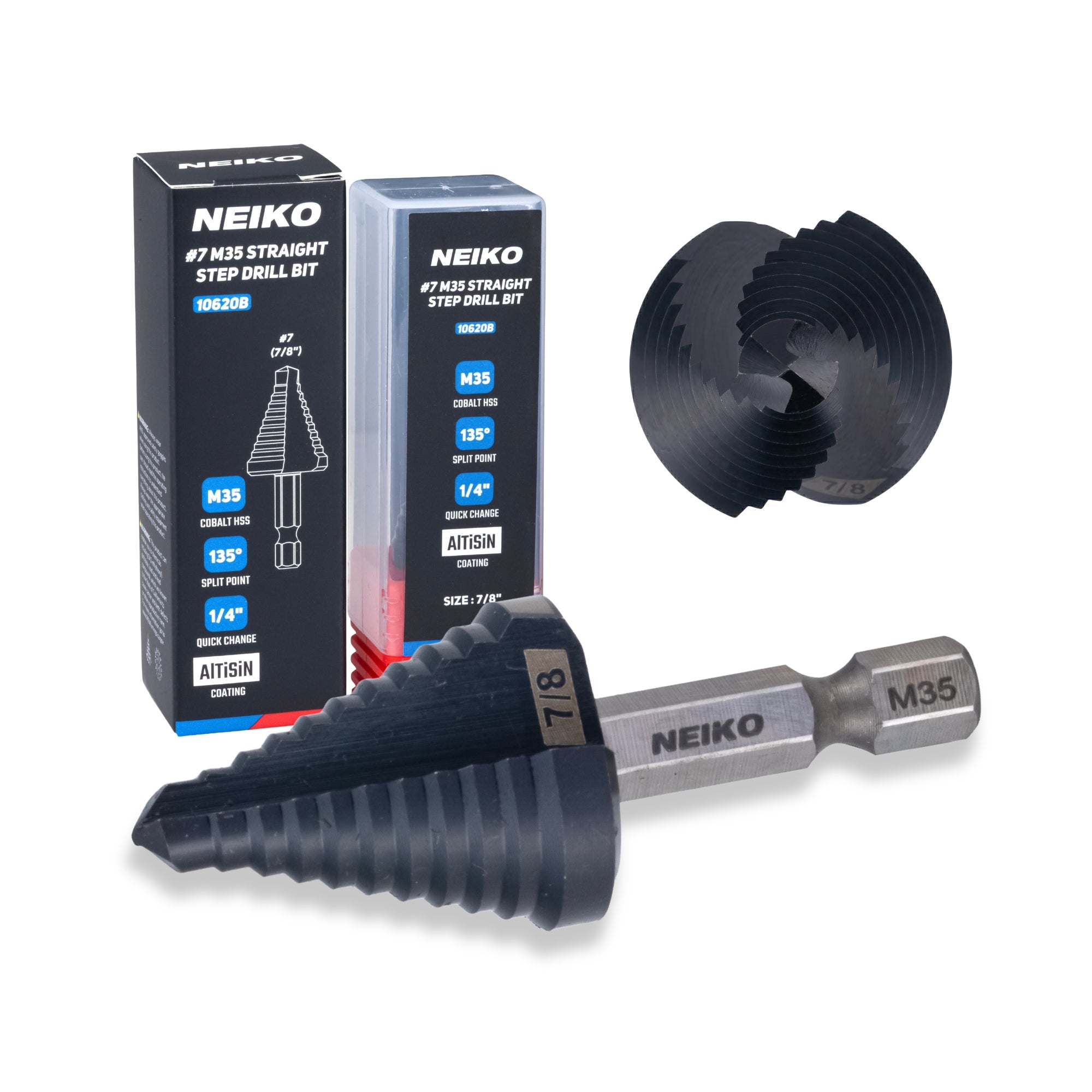 NEIKO 10620B Step Drill Bit, 1 Step 7/8" Straight M35 Cobalt, AlTiSiN Coated, 1/4" Quick Change Step Bits for Steel, Metal, Wood, Plastic, Unibit Cone Drill Bits, Two Flute