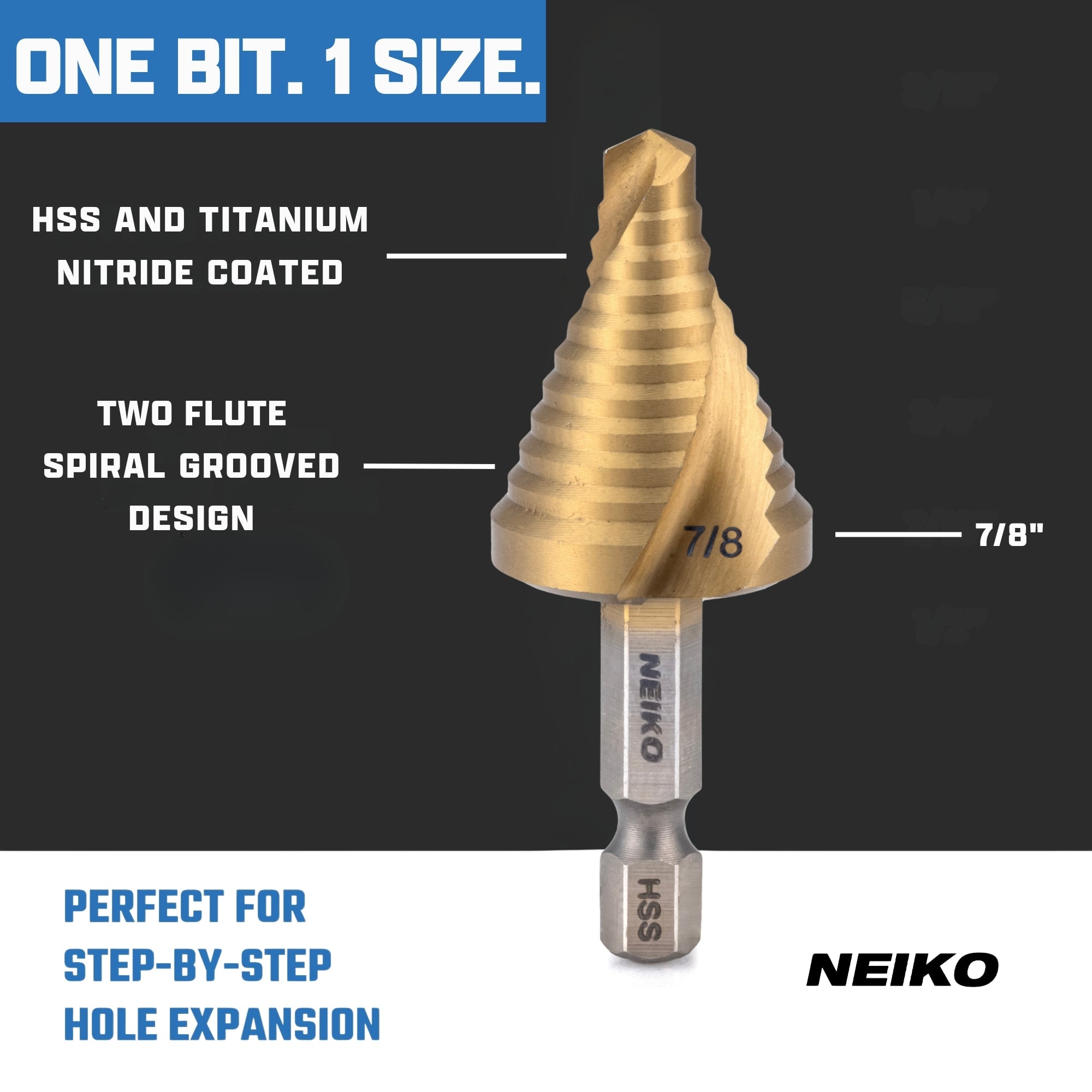 NEIKO 10621A Step Drill Bit, 1 Step 7/8" Spiral High Speed Steel, Titanium Nitride Coated, 1/4" Quick Change Step Bits for Steel, Metal, Wood, Plastic, Unibit Cone Drill Bits, Two Flute