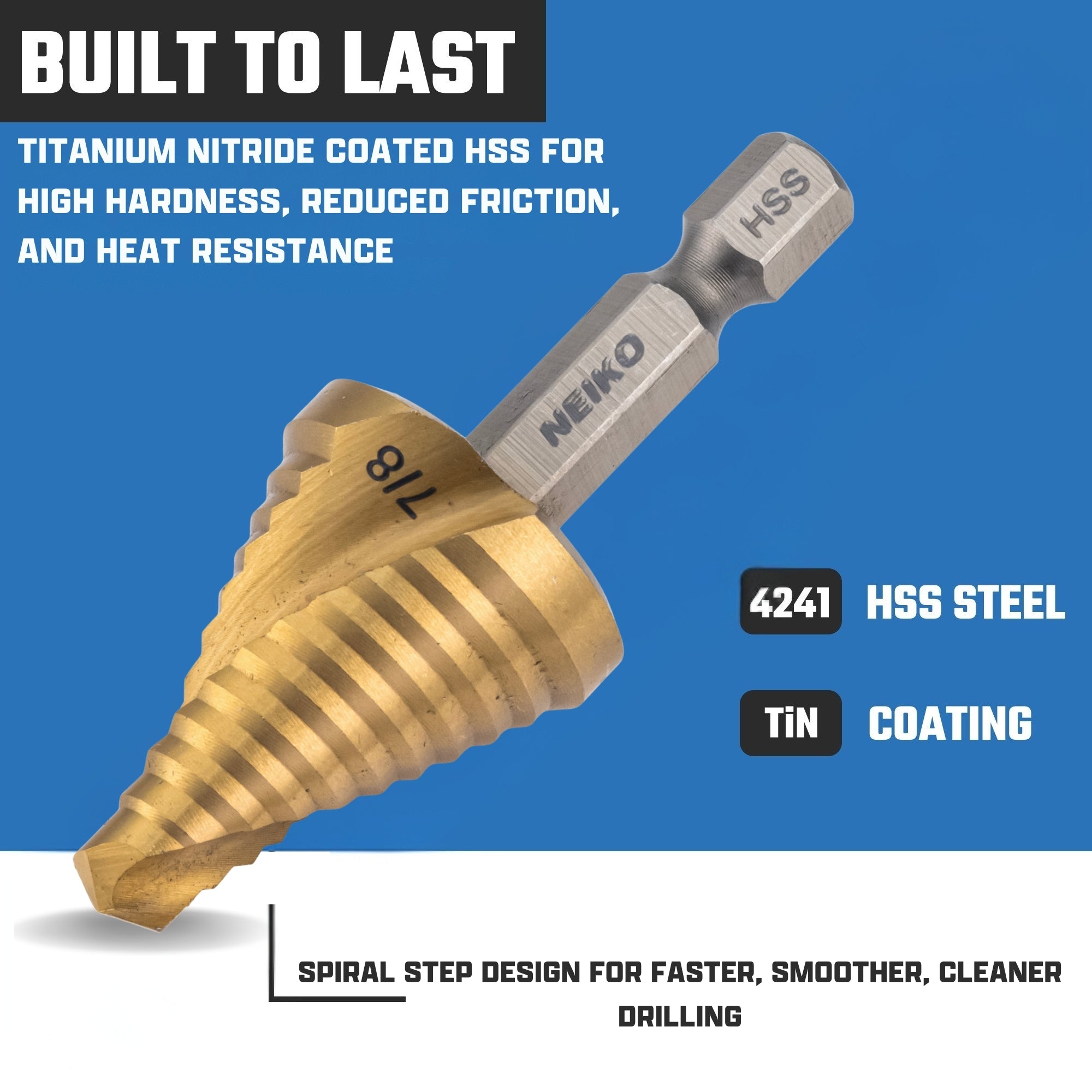 NEIKO 10621A Step Drill Bit, 1 Step 7/8" Spiral High Speed Steel, Titanium Nitride Coated, 1/4" Quick Change Step Bits for Steel, Metal, Wood, Plastic, Unibit Cone Drill Bits, Two Flute
