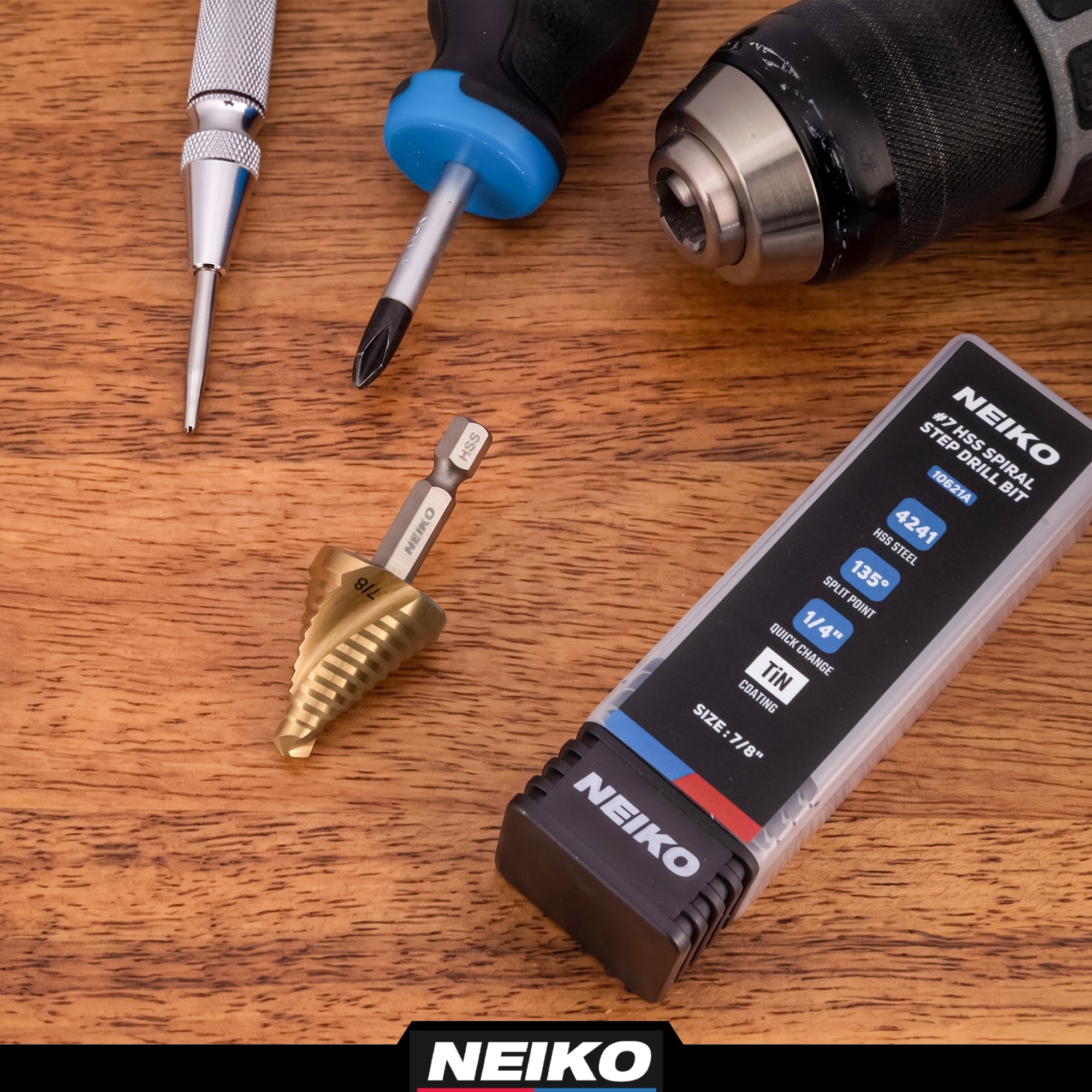 NEIKO 10621A Step Drill Bit, 1 Step 7/8" Spiral High Speed Steel, Titanium Nitride Coated, 1/4" Quick Change Step Bits for Steel, Metal, Wood, Plastic, Unibit Cone Drill Bits, Two Flute